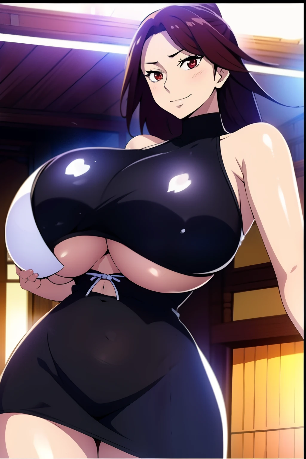 An anime-style artwork depicting Mizuki_Shiranui from the game Honkai star rail.
Tags: Mizuki_Shiranui, anime, detailed eyes, detailed lips, crop top, turtleneck, pencil skirt, midriff, smiling expression, intense gaze, dynamic pose, indoor, palace, vibrant colors, digital art, high-resolution, professional quality, gigantic breasts, (underboob : 1.4), curvy, cowboy shot, (gigantic breasts: 1.4),