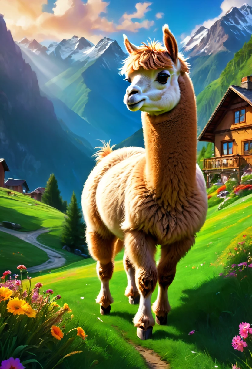 An Alpaca, aesthetic, best quality,ultra-detailed,realistic,photorealistic,alpaca,random activities,funny expressions,fluffy fur,cute eyes,curious pose,playful behavior,beautiful landscape,green grass,tall mountains,vibrant colors,sunshine,soft lighting,adventurous spirit,pure joy,memorable moment,artistic style,creative composition,colorful palette,harmonious atmosphere,ethereal ambiance,vivid details,dynamic motion,joyful energy,surreal elements,imaginative interpretation,sense of wonder,whimsical touch,playful imagination,unpredictable actions,mischievous smile,lively personality,surprising encounters,unexpected scenarios,endearing sight,delightful surprises,magical moments,fantastical elements,heartwarming scenes,cherished memories