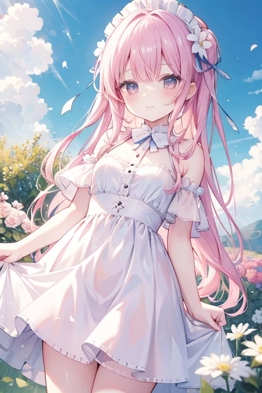 young girl, 17, years old, graceful 、Pink hair、PastelColors、Cute、blush, tiny chest, white dress, flower garden, noon, blue sky, beautiful,smile , long hair