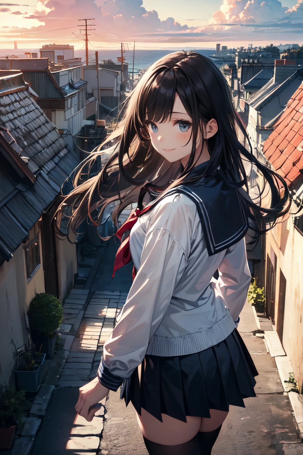 very cute and beautiful school girl viewing sea on hilltop,(highly detailed beautiful face),
(smile),cowboy shot,(sailor ,pleated navy blue mini skirt),black hair,zettai ryouiki,
(looking at sea,from top of hill),many houses with red roof,detailed landscape,
(best quality,masterpiece:1.0),absurdres,highres,ultra-detailed,extremely detailed,32k,8k resolution,
intricate details,cinematic scene,detailed background,solo,dynamic angle,
natural lighting,hair fluttering in the wind,beautiful detailed sky,realistic,