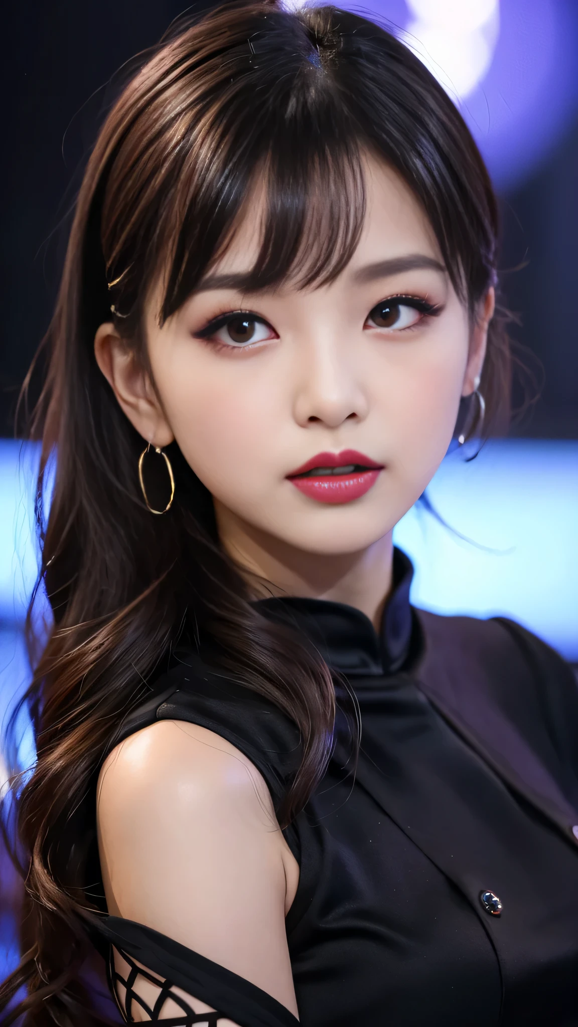 tra-detailed、Japanese、Attractive beauty、seductive adult woman、Pretty Woman、cool girl、brown hair、wavy hair、swept bangs、piercing eyes、hollow eyes、half-closed eyes、Hollow Eyes、Purple Eyeshadow、black lipstick、black lip gloss、dark makeup、smirk、Whisper in my ear、Evil expression、Long Black Cheongsam、Black wide sleeves、Evil cadres、Fallen into evil、brainwash、mind control、evil、Church at night、Swear allegiance、Have lipstick、Are standing