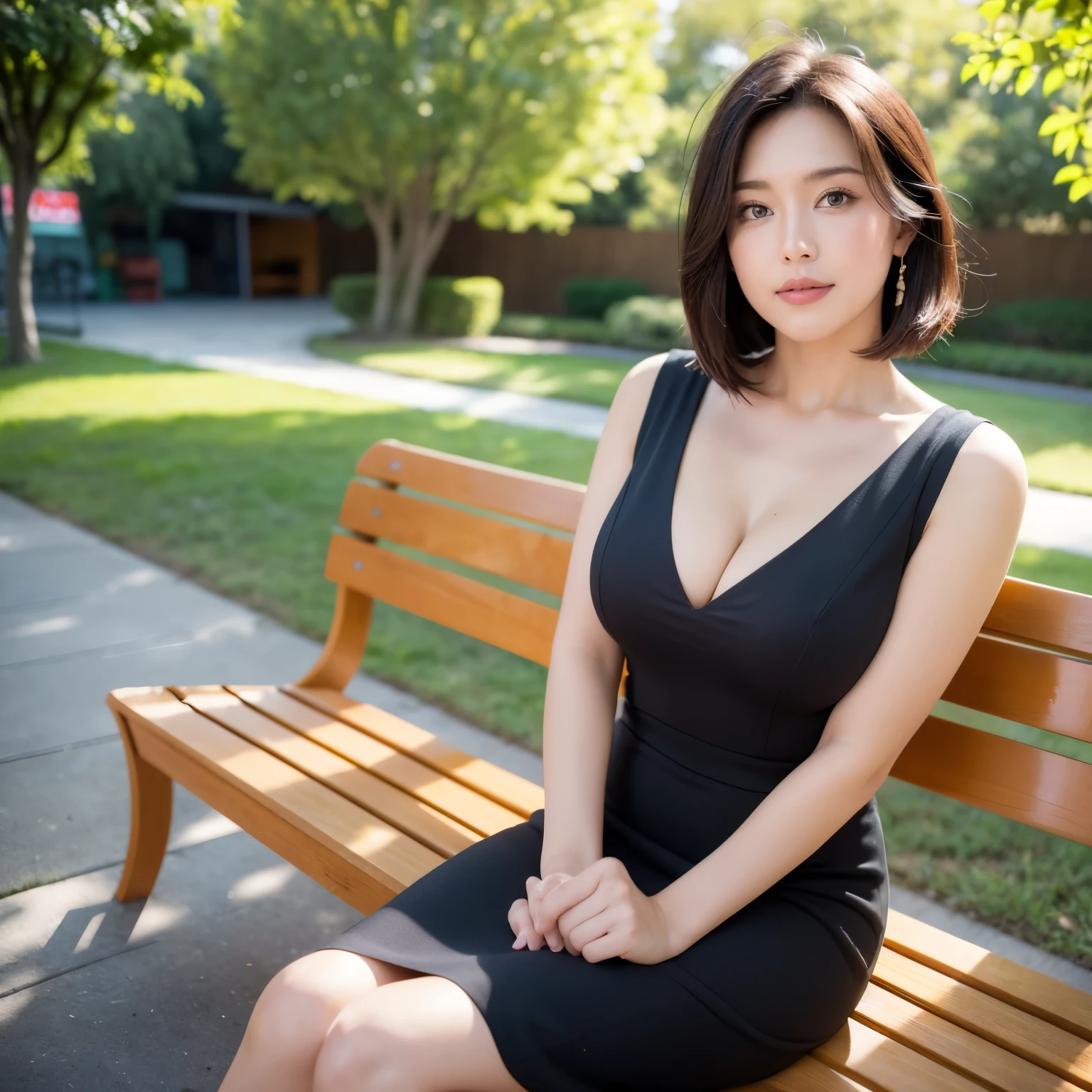 最high quality, In 8K, Masseter region, Vibrant, Sharp focus, high quality, High resolution, Detailed face, fine grain, Thick lips, (Looking at the audience), alone, Beautiful woman, 38 years old, plum, Short black hair, Cleavage, Brightly colored patterned dress, afternoon、in front of the park garden,Sit cross-legged on a bench:1.5