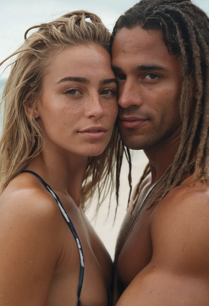 Supermodel, Brazilian, dark tanned, brown eyes, full body shot, long dark blonde hair, , beautiful , natural beauty, no makeup, model, 4K, realistic, natural, textured skin, freckles on nose, woman with long dark blonde hair hugging a dark tanned dreadlocked man, on a beach in Miami, wearing bikini.