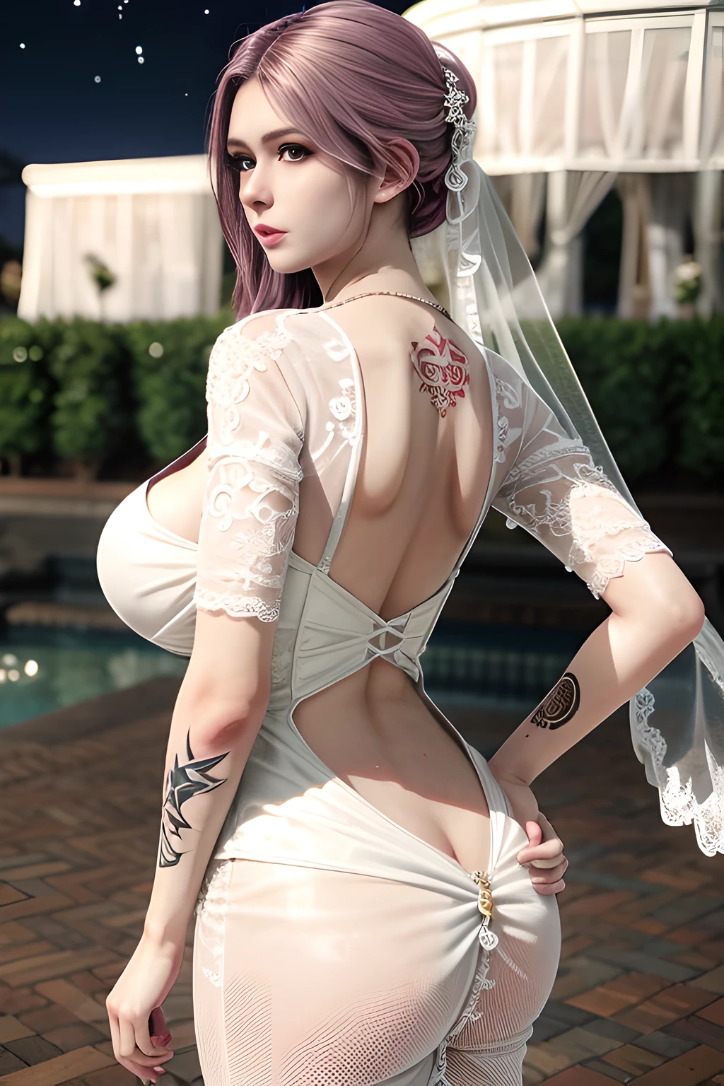 1 girl,standing posture,(( Backless Wedding Dress, see-through)), outdoor,elegant,nighttime,moonlighe,shiny skin,( huge breasts:1.1), lip gloss,( tattoos:1.3), masterpiece, best quality, realistic ,Surrealism,,Rich artistic colors, 8K,soft shadows,Portrait art,solo, elise,