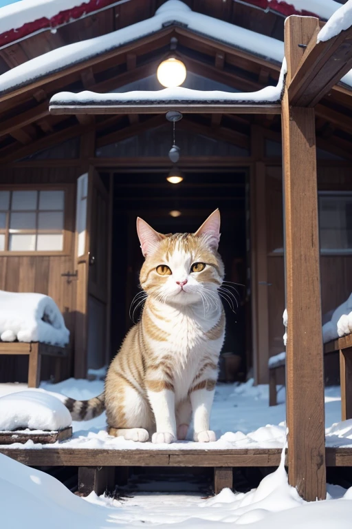 Snowing day, Cute cat with round eyes, Take shelter under a large roof, rural area.