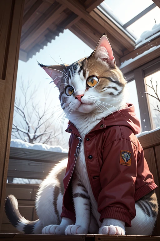 Snowing day, Cute cat with round eyes, Take shelter under a large roof, rural area.