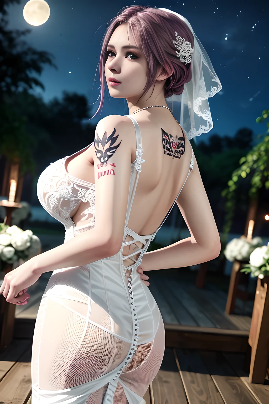 1 girl,standing posture,(( Backless Wedding Dress, see-through)), outdoor,elegant,nighttime,moonlighe,shiny skin,( huge breasts:1.1), lip gloss,( tattoos:1.3), masterpiece, best quality, realistic ,Surrealism,,Rich artistic colors, 8K,soft shadows,Portrait art,solo,  elise,