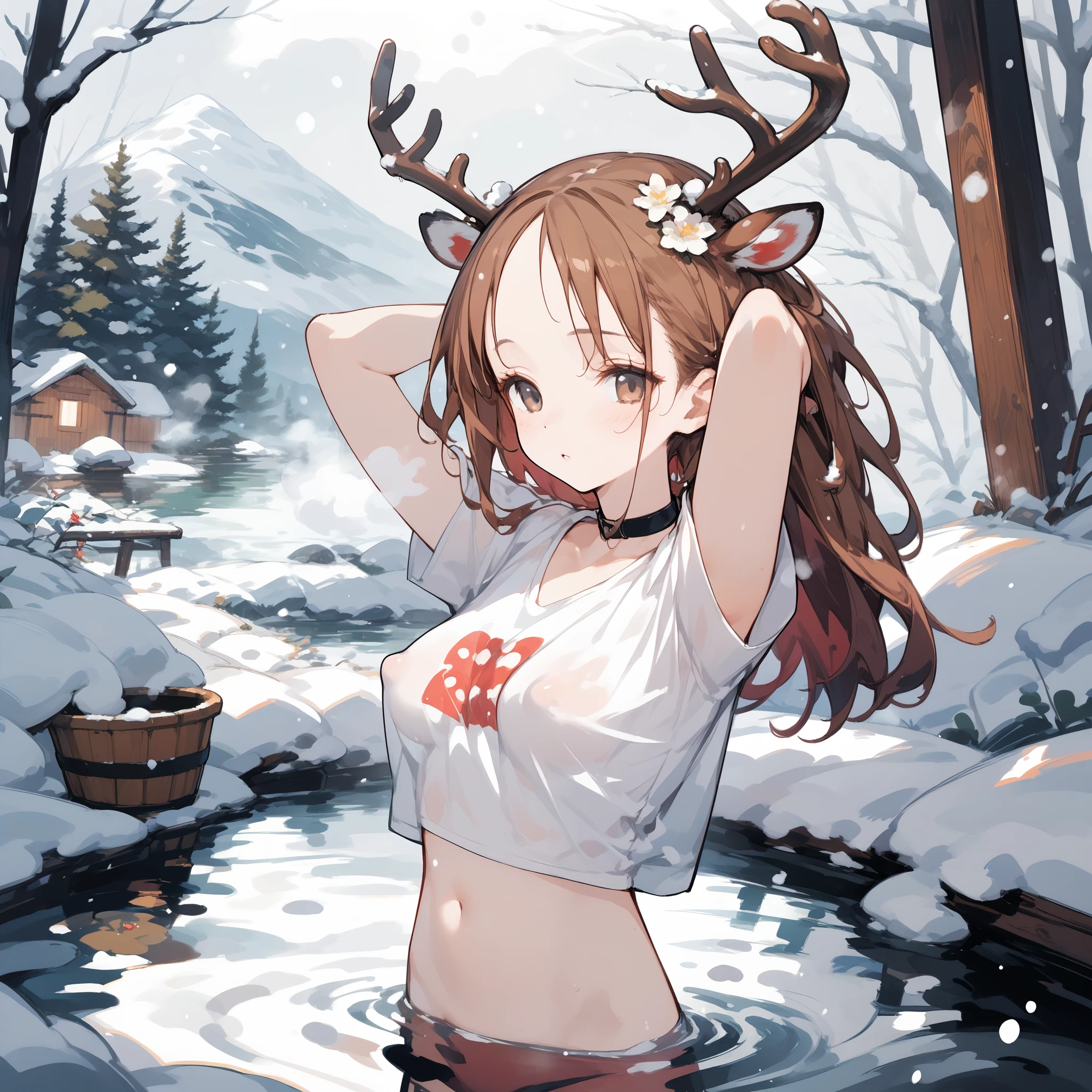 (score_10,score_9, score_8_up, score_7_up), 1girl,solo,(upper body), long_wide_shot,panorama_view,partially_submerged,small_breasts,standing_in_water,snow_forest,puddle,brown_hair,grey_eyes, deer_ears, big_deer_antlers, snowing,snow,outdoors_hot_spring,onsen,cabin,parted_bangs, forehead,absurdly_long_hair, hair_floating_in_water,hair_flower,mountain, red_bow_choker,steaming_body, smoke,crop top overhang,panties,covered nipples, t-shirt,single bare shoulder, parted lips, arms behind head,