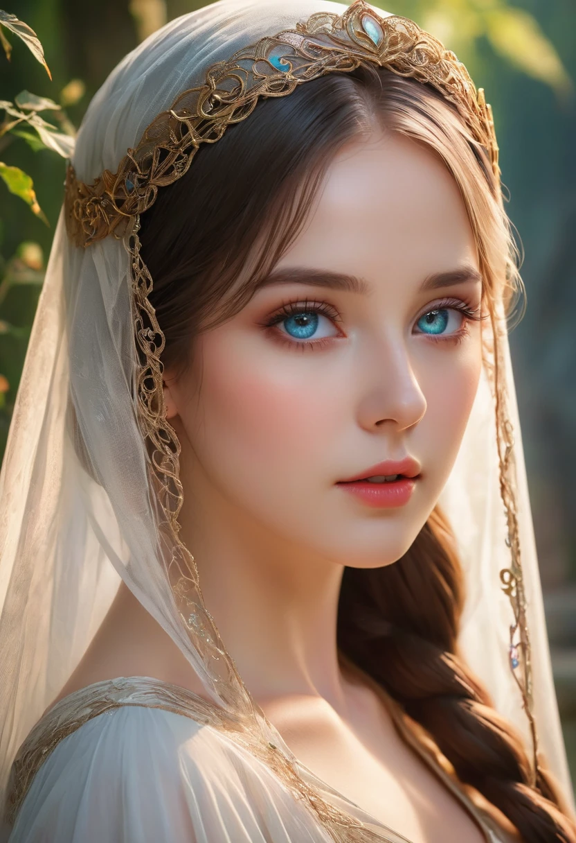 sakimychan style, Wlop style, portrait, Delicate face, Beautiful woman, Full lips, Opaque veil, Medieval veil, Head Rail, 12th century, Heterochromia of the Eyes, iridescent eyes, medieval clothing, Briot, Lord of the Rings dress, Nearly perfect, Beautiful anime style, People Panorama, 干净Delicate face, glowing shadow, beautiful gradient, Depth of Field, Clean Graphics, high quality, High Detail, HD, Luminous Studio graphics engine