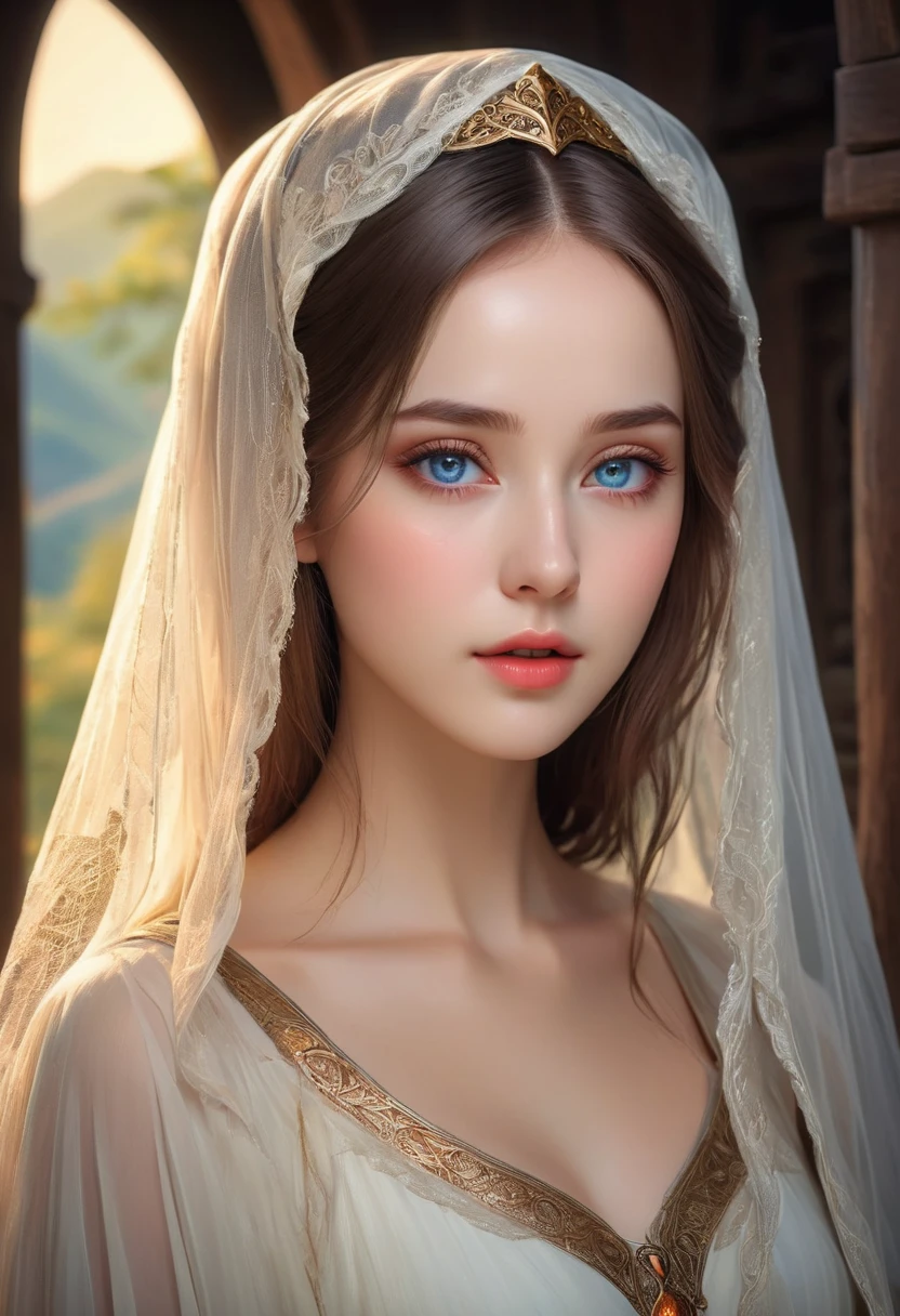 sakimychan style, Wlop style, portrait, Delicate face, Beautiful woman, Full lips, Opaque veil, Medieval veil, Head Rail, 12th century, Heterochromia of the Eyes, iridescent eyes, medieval clothing, Briot, Lord of the Rings dress, Nearly perfect, Beautiful anime style, People Panorama, 干净Delicate face, glowing shadow, beautiful gradient, Depth of Field, Clean Graphics, high quality, High Detail, HD, Luminous Studio graphics engine