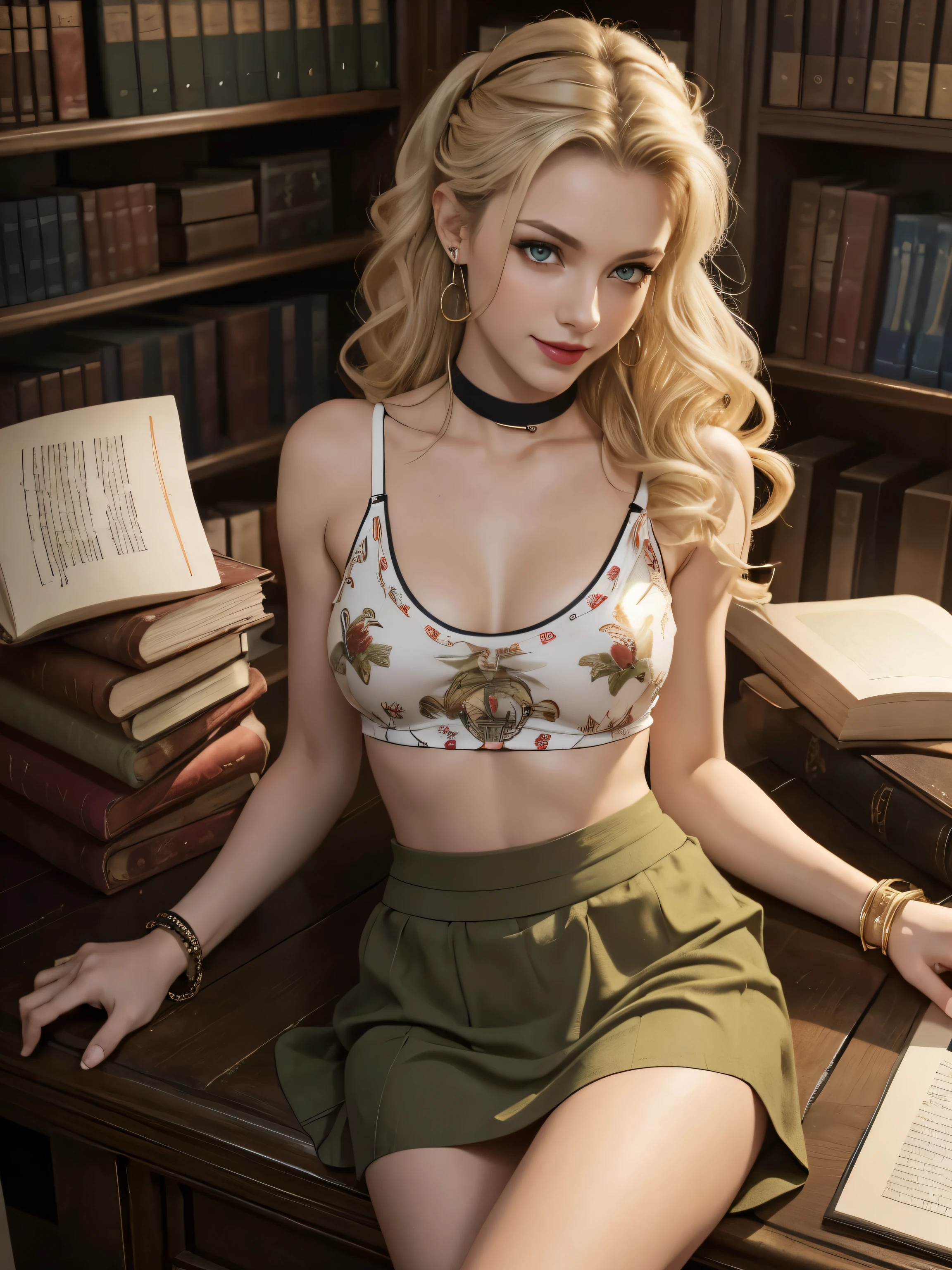Caucasian woman, blonde hair, dark hair roots, wavy hair, hair up, olive green eyes, lined eyes, shiny eyes, red lipstick, smile, athletic body, (small breasts), nipples, ((printed top)), skirt, earrings, watch, bracelets, sitting in library, books, side view, Shot from above.