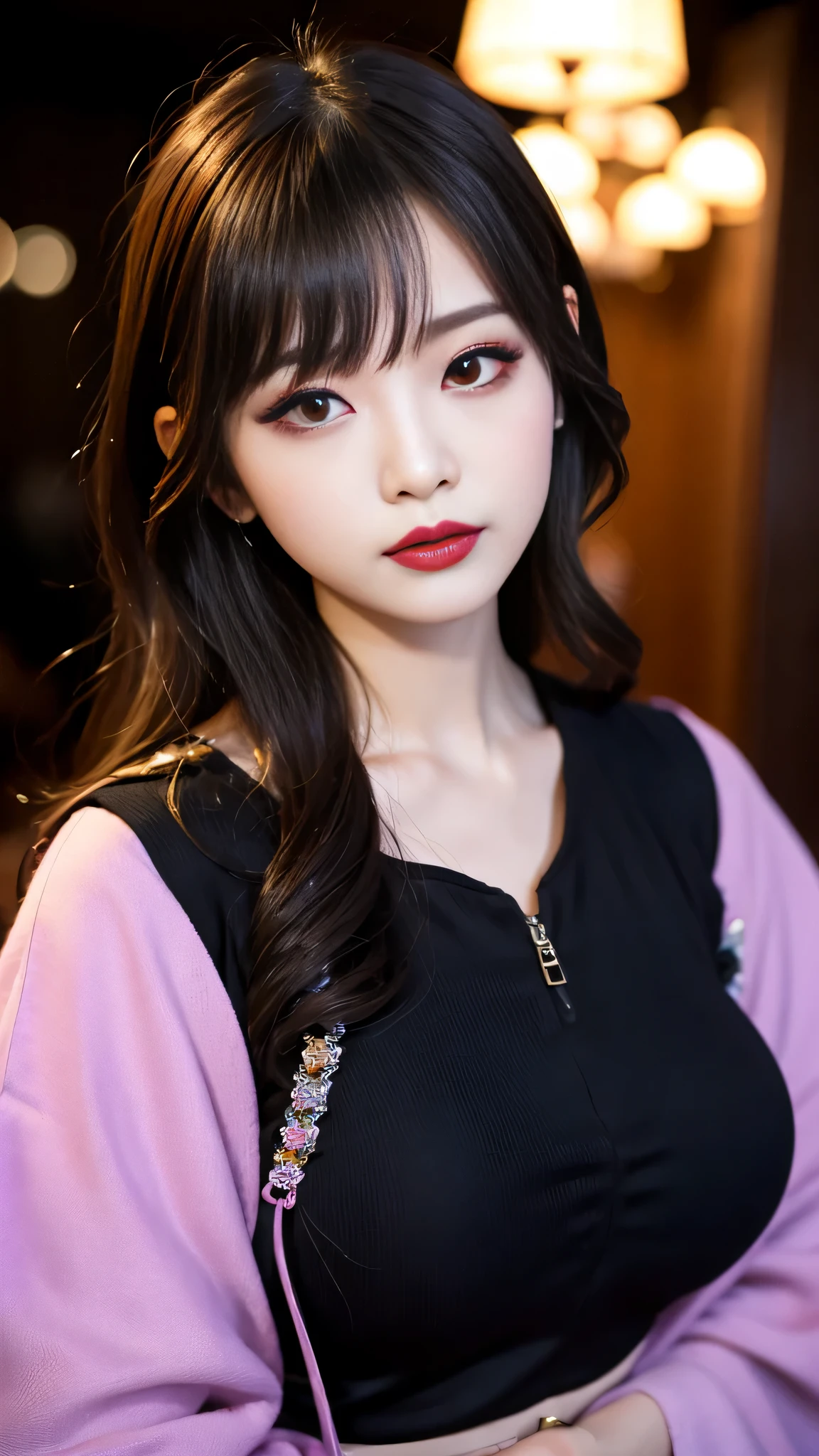 tra-detailed、Japanese、Attractive beauty、seductive adult woman、Pretty Woman、cool girl、brown hair、wavy hair、swept bangs、piercing eyes、hollow eyes、half-closed eyes、Hollow Eyes、Purple Eyeshadow、black lipstick、black lip gloss、dark makeup、smirk、Whisper in my ear、Evil expression、Long Black Cheongsam、Black wide sleeves、Evil cadres、Fallen into evil、brainwash、mind control、evil、Church at night、Swear allegiance、Have lipstick、Are standing