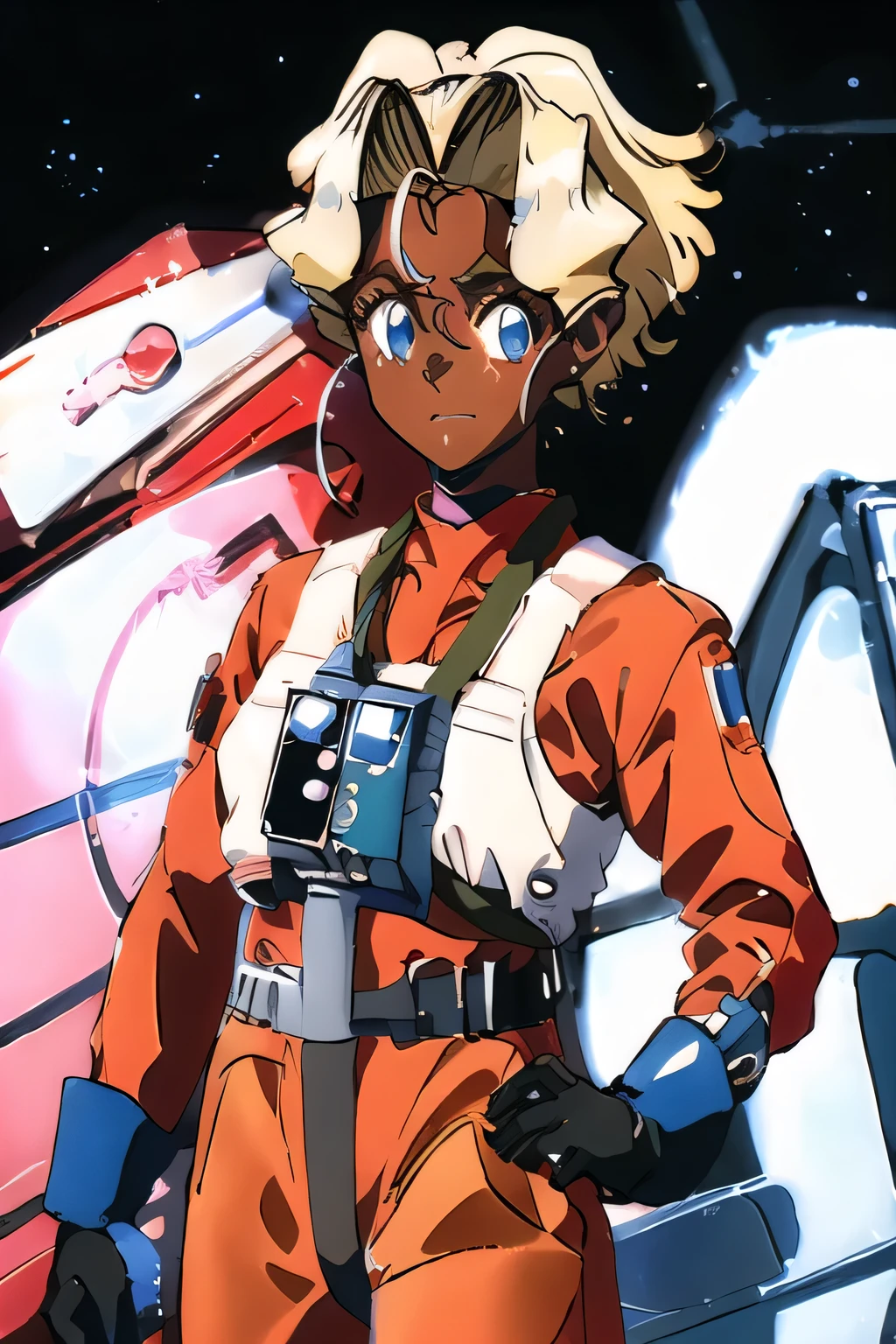 masterpiece, 1girl, kuramitsu mihoshi, blonde hair, dark skin, blue eyes, red uniform, space, futuristic, space station, rebel pilot 