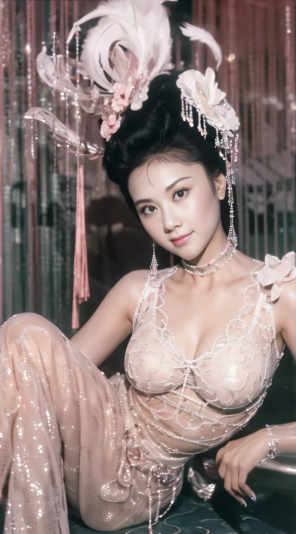 (whole body:1.5),(1 girl:1.3),(Viewer:1.4),(anatomically correct:1.4),(White latex jumpsuit,Pantyhose,White Latex Pantyhose,No underwear),(Huge breasts),(stand up),(Chinese style luxury hall),(Have perfect legs),(Complete legs),( Girls' Pointed toe chunky high heels :1.1),(precise、Perfect face shape:1.3),Ultra HD,Ray Tracing,,reflected light, Correct structure,The award-winning,High Detail,Fade shadow contrast,Facial lighting ,Cinema Lighting,masterpiece,Super Detail,high quality,High Detail, best quality,16K,High contrast