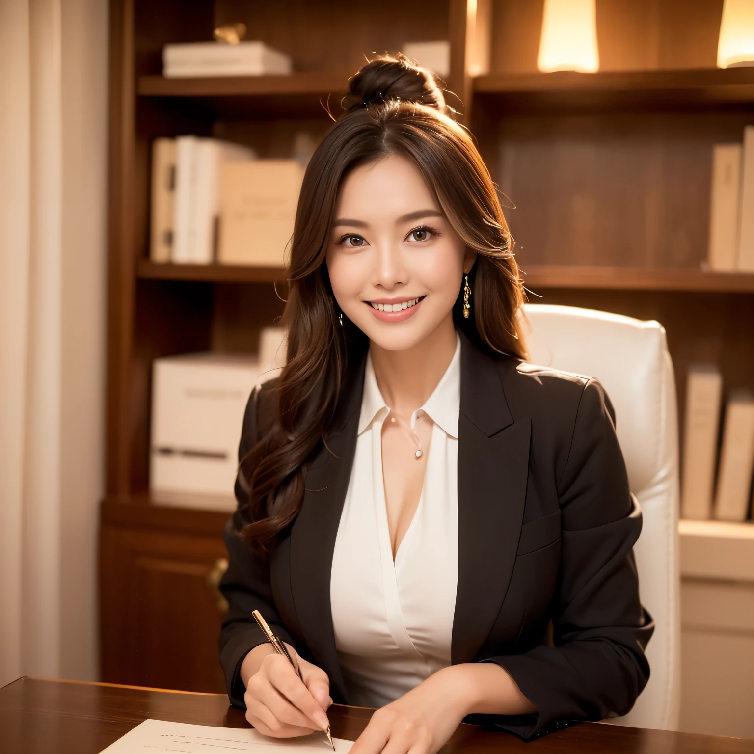 ((highest quality、Tabletop、8k、Best image quality))、((One Mature Woman、She holds the most luxurious CEO position&#39;office、Standing Elegantly、Secretary with elegant posture))、(1 photo:1.5)、(Women&#39;s photos&#39;Upper Body:1.5)、(female cowboy shot:1.5)、(Hair Bun、Grey suit、White Formal Blouse)、(The most luxurious and luxurious royal VIP room、bright lighting of chandelier、The most luxurious and luxurious desk、The most luxurious and luxurious glass showcase、the most luxurious and luxurious chair、the most luxurious and luxurious carpet、The most luxurious and luxurious bookshelf、the most luxurious and luxurious curtains)、Perfect Anatomy、Beautiful Teeth、Sad Smile、Detailed face、[[Big ample breasts]]