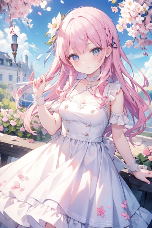young girl, 17, years old, graceful 、Pink hair、PastelColors、Cute、blush, white dress, flower garden, noon, blue sky, beautiful,smile , long hair