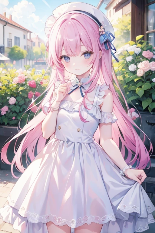 young girl, 17, years old, graceful 、Pink hair、PastelColors、Cute、blush, white dress, flower garden, noon, blue sky, beautiful,smile , long hair