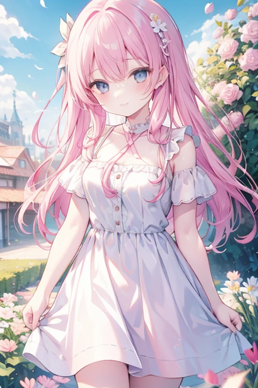 young girl, 17, years old, graceful 、Pink hair、PastelColors、Cute、blush, white dress, flower garden, noon, blue sky, beautiful,smile , long hair
