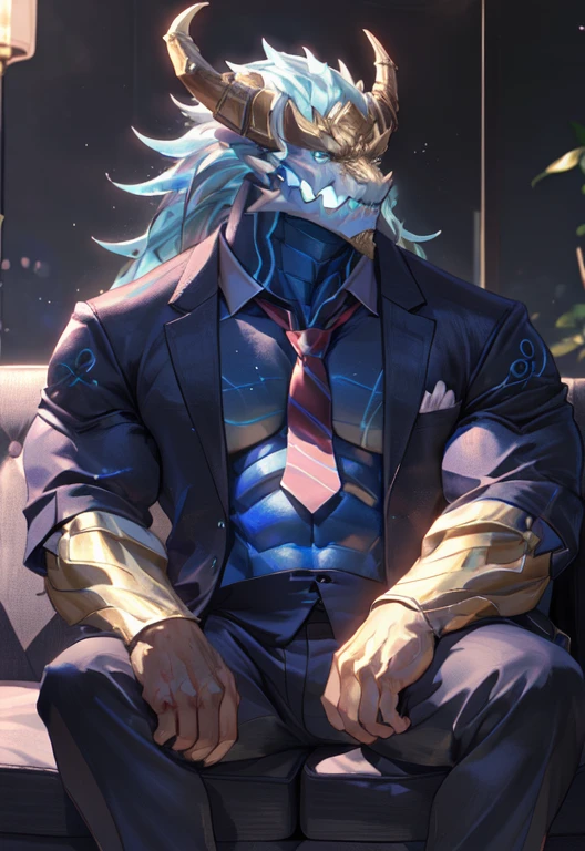 dragon，Richly detailed chest and abs、muscular, Thin biceps and thick forearms, Thick neck, dragon&#39;s horn，There are obvious rough ridges, 一双厚重的dragon爪和一副白手套, dragon眼睛, Sitting on the sofa, Naked chest, Suits and shoes, red tie，Perfect body（Golden Ratio），粗壮的dragon爪，strong