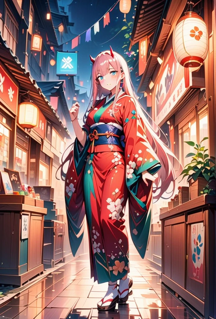 1Girl, Zero Two, Darling in the Franxx, exquisite eyes,beautiful,detailed lips,wearing a beautiful kimono,attending a summer festival under a starry night sky. The girl is exploring the festival shop and admiring the colorful decorations and traditional crafts. The scene is filled with vibrant colors and a festive atmosphere. The artwork is a masterpiece with high resolution and ultra-detailed portrayal of the characters and their surroundings. The summer festival theme is emphasized, with the warm tones and joyful ambiance showcased through the lighting and colors. full body art, looking at viewer, (detailed:1.3) image, (intricate:1.2)(wet season:1.3), (masterpiece:1.2), (best quality:1.2), newest, intricate details, AI-generated, anime screencap, traditional Japanese elements, festive atmosphere.,g0th1cxl, glowing, neon,detail1eye,