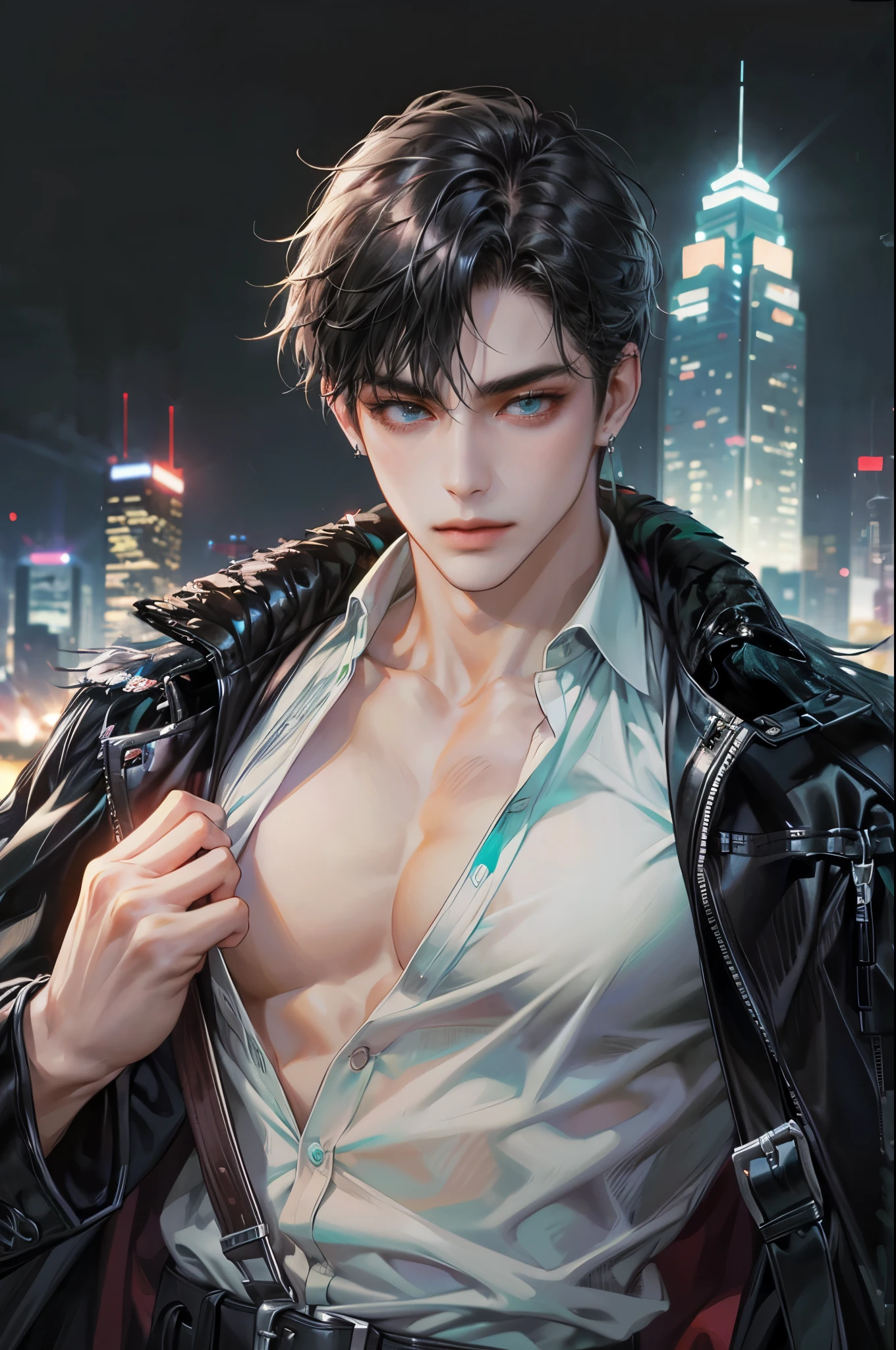 (absurdres, highres, ultra detailed, original character), 1 russian boy, solo, adult, handsome, ((tall muscular guy, broad shoulders)), finely detailed eyes, ((fluffy black hair)), hair between eyes, turquoise eyes, holographic, futuristic, casual outfit, black coat, gun holster, ((chest strap)), white shirt, ((wearing a black earring)), from waist, face focused, tower walled city scenery, dystopian hong kong city, skyscrapers, Cyan, Magenta, long face, closed mouth, looking at viewer, depth of field, bokeh