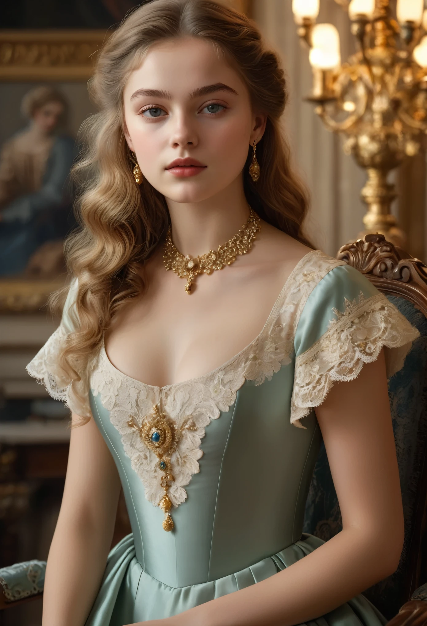 (best quality,4k,8k,highres,masterpiece:1.2),ultra-detailed,(realistic,photorealistic,photo-realistic:1.37),portrait,painting,pastels,personalized masterpiece,18th century,Russian,aristocratic,girl,noble daughter,,extremely beautiful,face,expressive eyes,delicate nose,luscious lips,porcelain skin,rosy cheeks,flowing curls,silky dress,stately posture,fine jewelry,embroidered lace collar,grand background,opulent interior,faint golden light