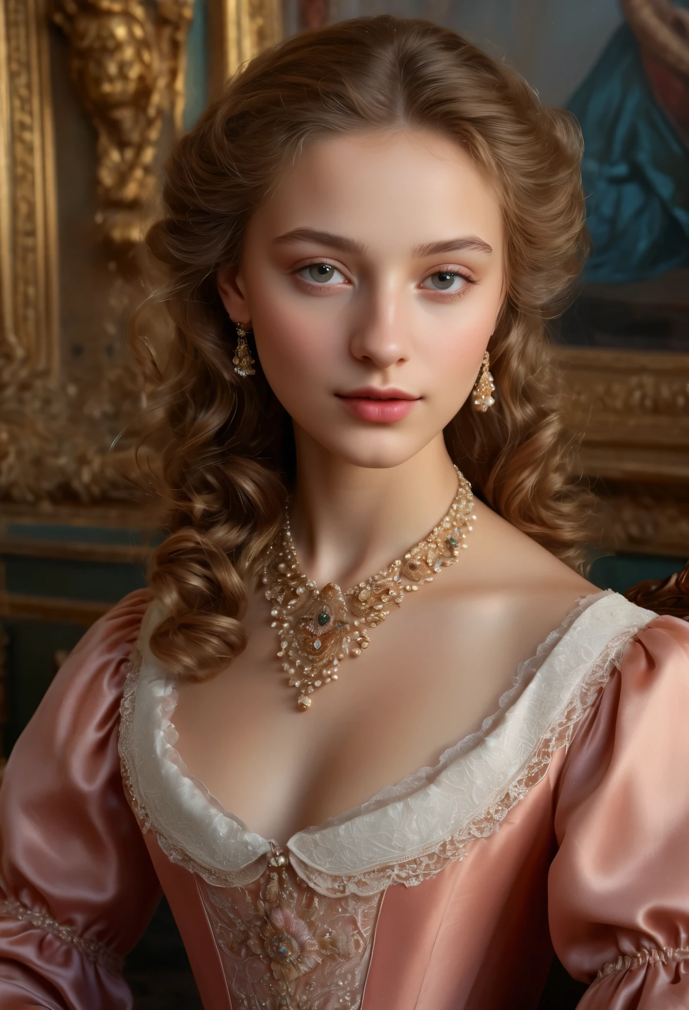 (best quality,4k,8k,highres,masterpiece:1.2),ultra-detailed,(realistic,photorealistic,photo-realistic:1.37),portrait,painting,pastels,personalized masterpiece,18th century,Russian,aristocratic,girl,noble daughter,,extremely beautiful,face,expressive eyes,delicate nose,luscious lips,porcelain skin,rosy cheeks,flowing curls,silky dress,stately posture,fine jewelry,embroidered lace collar,grand background,opulent interior,faint golden light