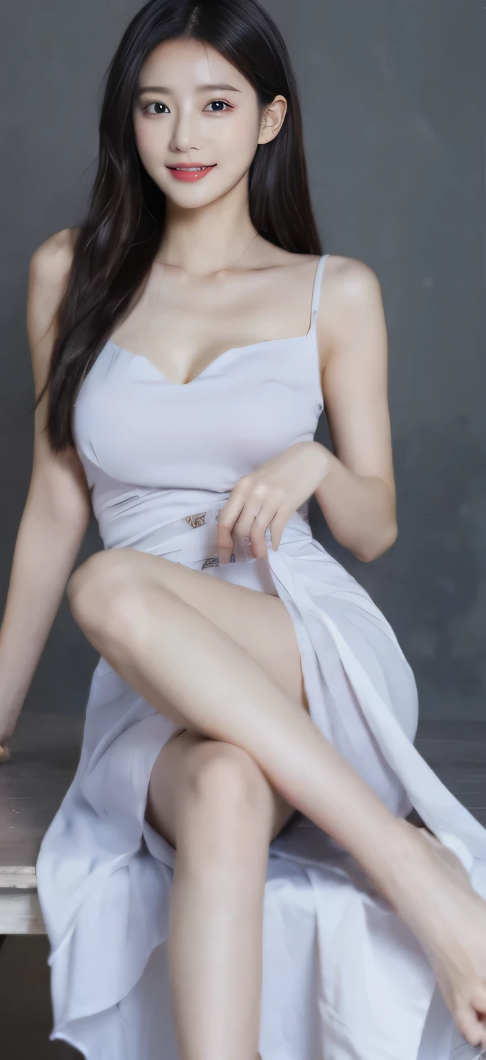 (female: 1.2), (Slim shape), (5 thumbs), (big breasts: 1.2), (long haired mullet), (Cool white dress), (ring finger diamond ring), (Medium heel shoes), (bracelet), Masterpiece, realism, sit on your own legs, spread your legs, sexy pose, flower field