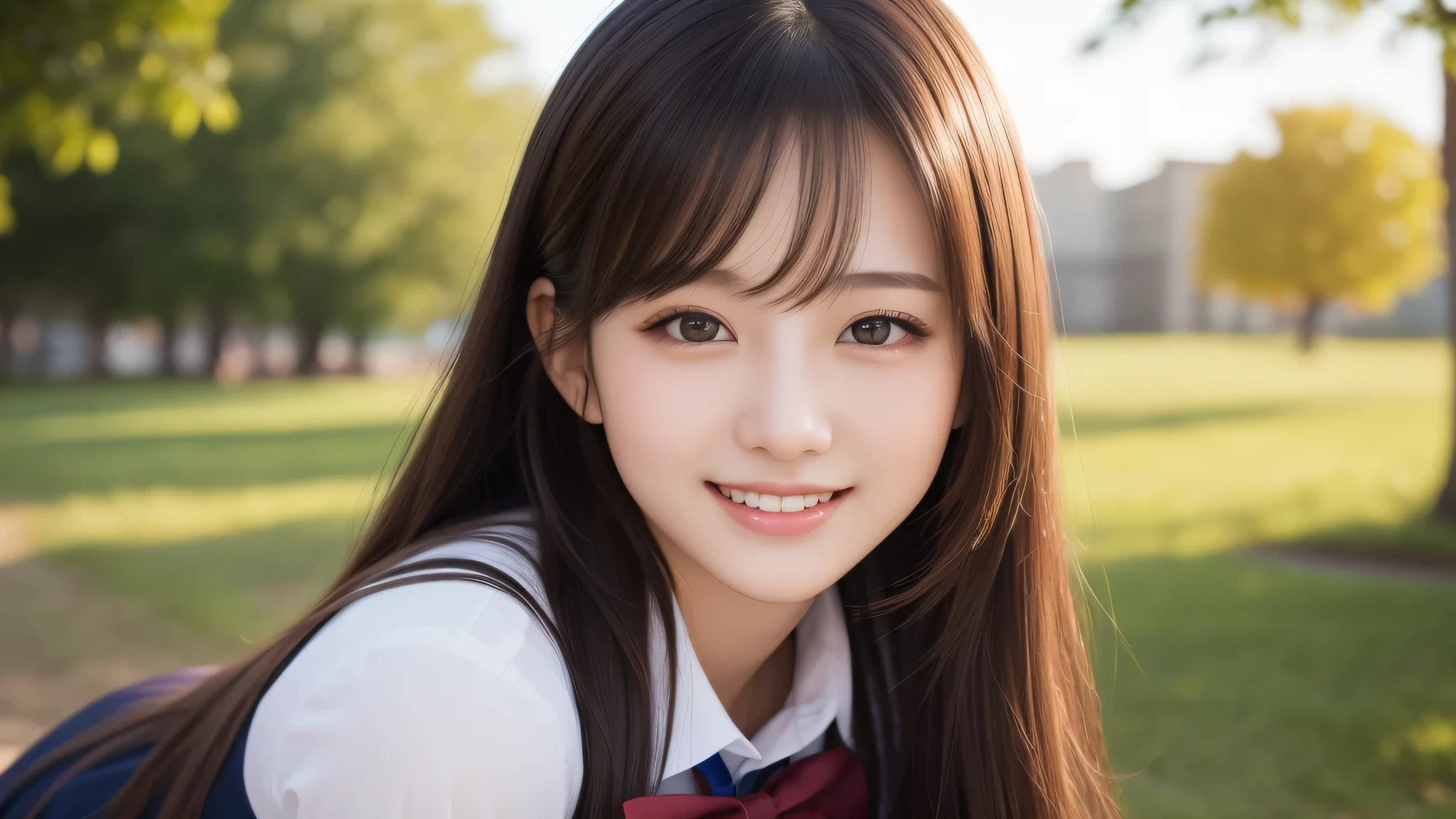 (2girl:1.2), enchanting smile, (Best Quality:1.4), Realistic, extremely detailed CG unified 8k wallpaper, highly detailed, High-definition raw color photos, professional photography, Realistic portrait, Cinematic Light, Beautiful detailed, Beautiful breasts, (Fine face:1.2), Close up portrait of girl, (high school uniform:1.2), Outdoors,