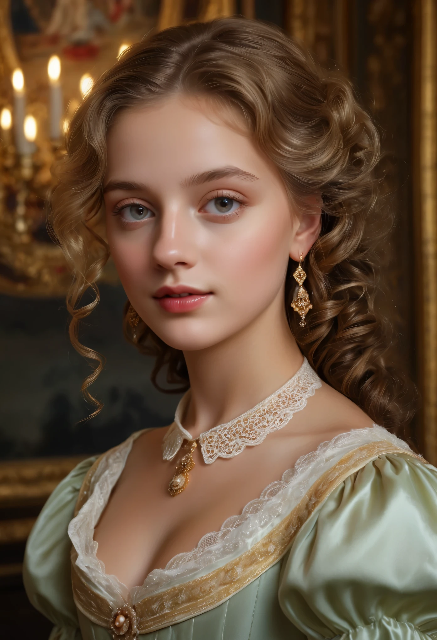 (best quality,4k,8k,highres,masterpiece:1.2),ultra-detailed,(realistic,photorealistic,photo-realistic:1.37),portrait,painting,pastels,personalized masterpiece,18th century,Russian,aristocratic,girl,noble daughter,14 years old,extremely beautiful,face,expressive eyes,delicate nose,luscious lips,porcelain skin,rosy cheeks,flowing curls,silky dress,stately posture,fine jewelry,embroidered lace collar,grand background,opulent interior,faint golden light