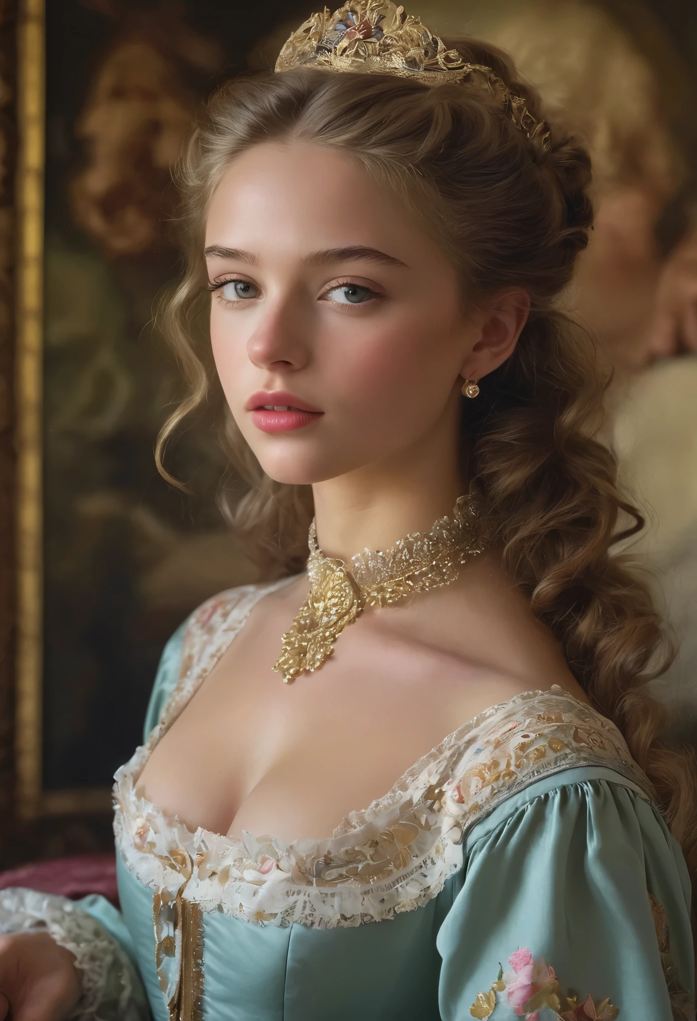 (best quality,4k,8k,highres,masterpiece:1.2),ultra-detailed,(realistic,photorealistic,photo-realistic:1.37),portrait,painting,pastels,personalized masterpiece,18th century,Russian,aristocratic,girl,noble daughter,,extremely beautiful,face,expressive eyes,delicate nose,luscious lips,porcelain skin,rosy cheeks,flowing curls,silky dress,stately posture,fine jewelry,embroidered lace collar,grand background,opulent interior,faint golden light