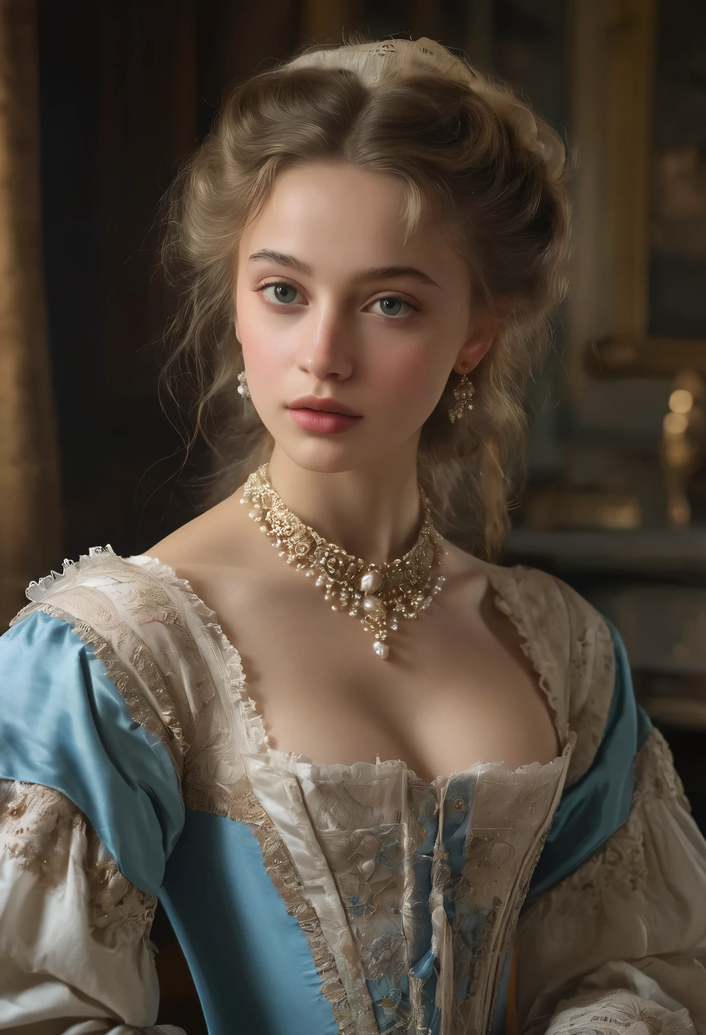 (best quality,4k,8k,highres,masterpiece:1.2),ultra-detailed,(realistic,photorealistic,photo-realistic:1.37),portrait,painting,pastels,personalized masterpiece,18th century,Russian,aristocratic,girl,noble daughter,14 years old,extremely beautiful,face,expressive eyes,delicate nose,luscious lips,porcelain skin,rosy cheeks,flowing curls,silky dress,stately posture,fine jewelry,embroidered lace collar,grand background,opulent interior,faint golden light