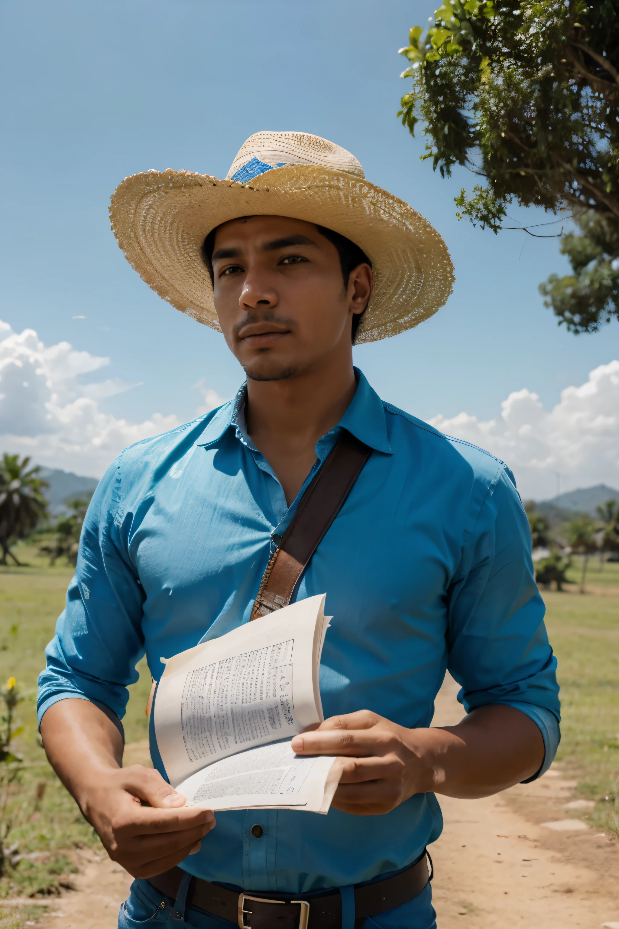 hombre colombiano con sombrero y chaleco azul revisando papeles en medio de una pradera con cielo despejado
