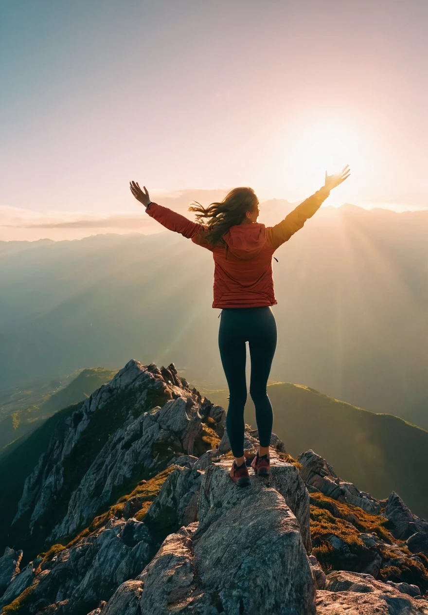 Generates an 8k UHD photo of a woman on top of a mountain with her arms extended toward the sky, Una obra maestra