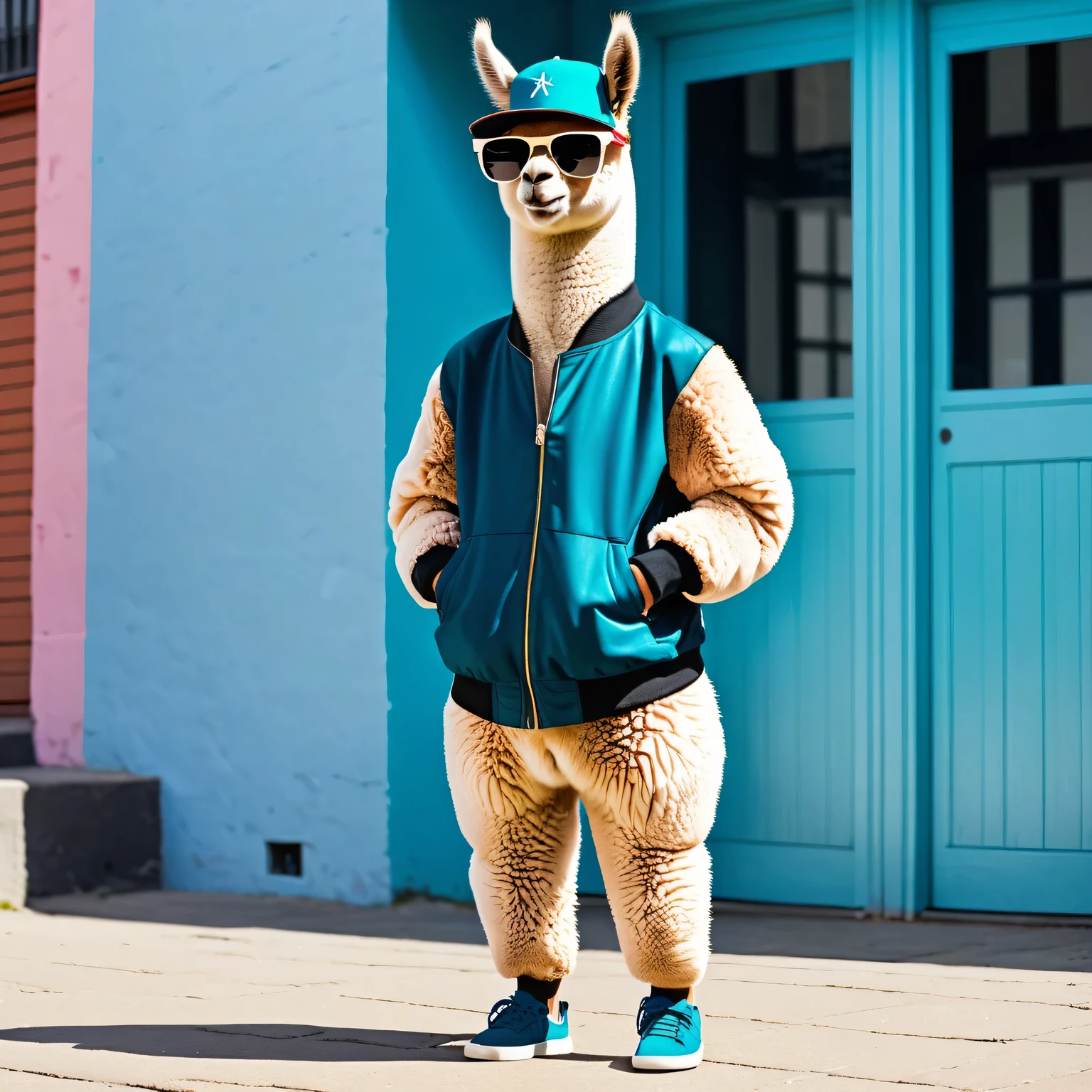 Depict an alpaca if she were a man in fashionable street style clothes, dark sunglasses, baseball cap, big bright Trainers on her feet, fashionable, daring, Anthropomorphic humanoid alpaca, standing in a defiant pose, full height, full body, full pose