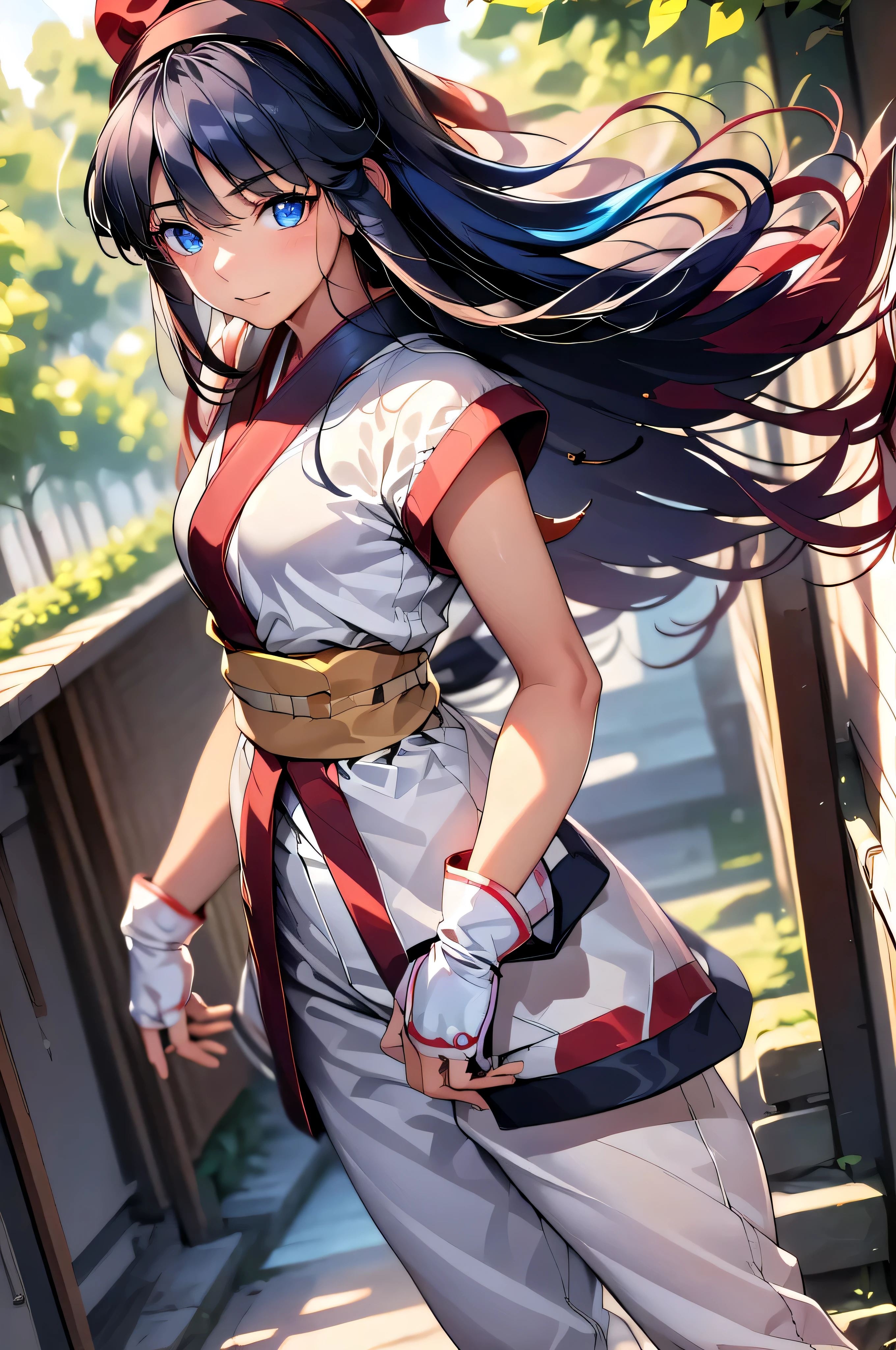 masterpiece, highest quality, Perfect Face, Highest Resolution, Highest quality,Detailed depiction of the eyes,Nakoruru, 1 girl, ************, Long Hair, Ainu costume,  hair band, black and blue hair, fingerless gloves, Short sleeve, gloves, pants, bangs, red hair band, arms, midnightblue eye color, white pants, kimono, Determined, Perfect Anatomy,