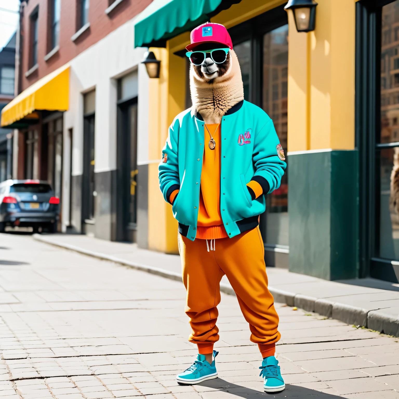 Depict an alpaca if she were a man in fashionable street style clothes, dark sunglasses, baseball cap, big bright Trainers on her feet, fashionable, daring, Anthropomorphic humanoid alpaca, standing in a defiant pose, full height, full body, full pose