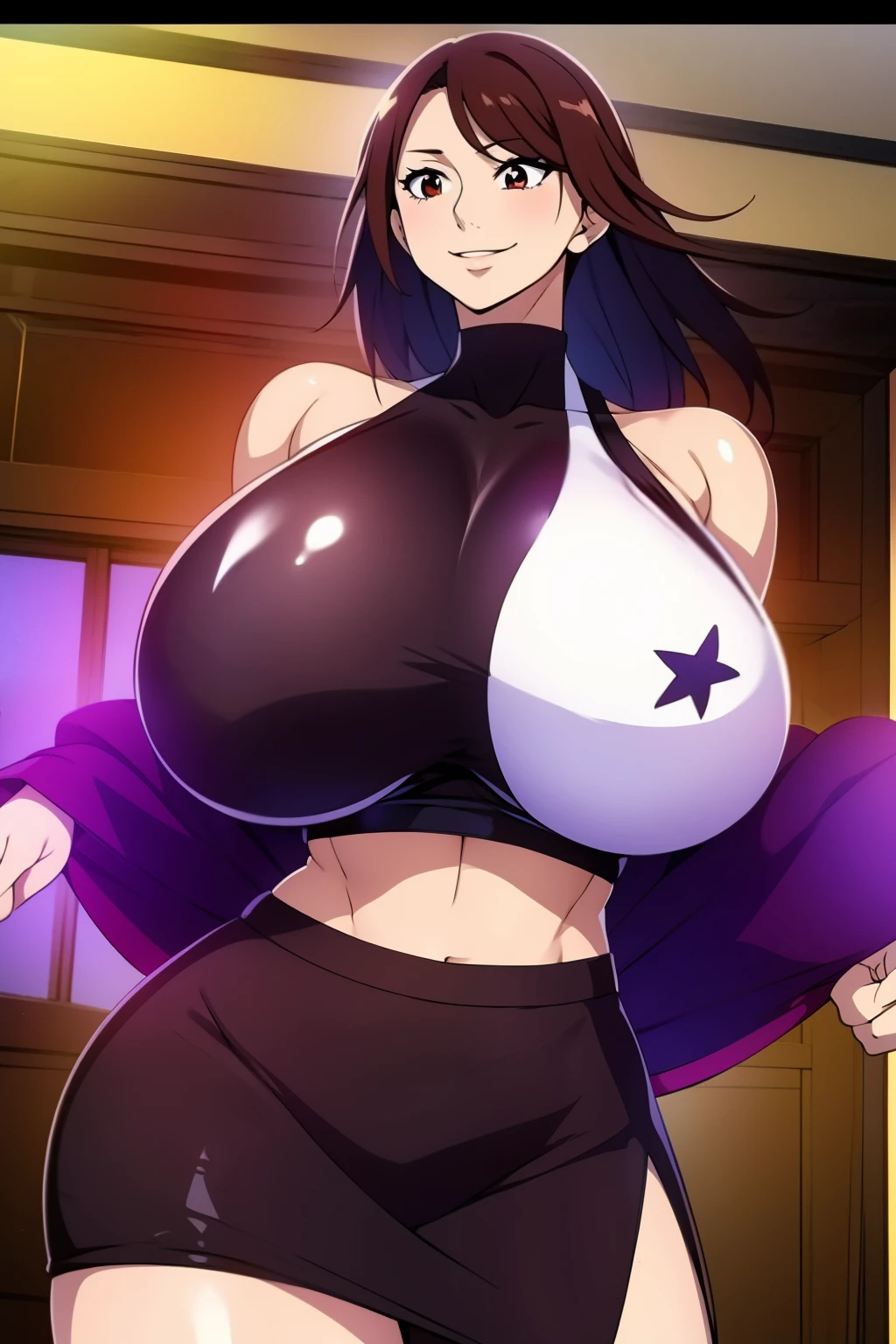 An anime-style artwork depicting Mizuki_Shiranui from the game Honkai star rail.
Tags: Mizuki_Shiranui, anime, detailed eyes, detailed lips, crop top, turtleneck, pencil skirt, midriff, smiling expression, intense gaze, dynamic pose, indoor, palace, vibrant colors, digital art, high-resolution, professional quality, gigantic breasts, (underboob : 1.4), curvy, cowboy shot, (gigantic breasts: 1.4),