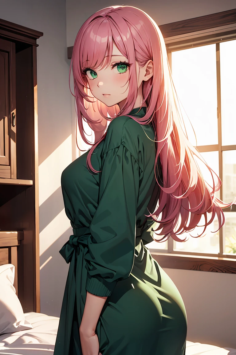 ((1 girl)), latest trend clothes, (Sleepy face),Loungewear, Rolling around on the floor, Private room, Cowboy Shot,((Very detailed,highest quality, High resolution, 8k wallpaper, Beautiful clothes,)),((Pink Hair, Long Hair,Straight hair,Both sides up)), (Green Eyes),eye shadow, eyeliner,Glow Eye, Very detailedな目, Complex eyes, Beautiful Eyes, ((輝くGreen Eyes)), 18-year-old girl