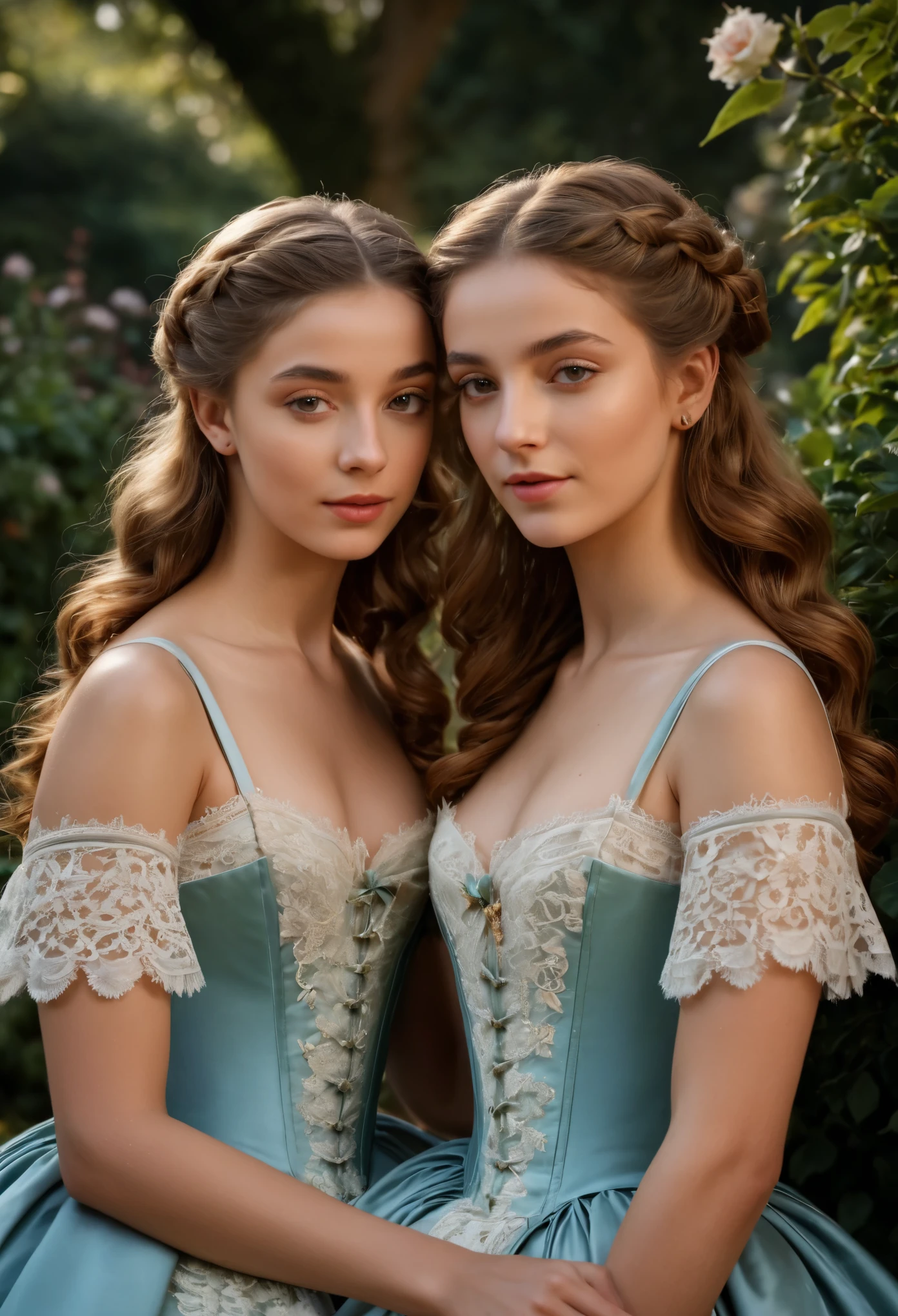 (best quality,4k,8k,highres,masterpiece:1.2),ultra-detailed,(realistic,photorealistic,photo-realistic:1.37),18th century,beautiful British sisters portrait,-yeld an2-year-o,noty,clic,exquisite attire,ornate hairstyles,elegant posture,vibrant colors,soft lighting,subtle shadows,lush garden background,delicate lace patterns,gentle expressions,engaging gazes,intense bond between the sisters,serene atmosphere