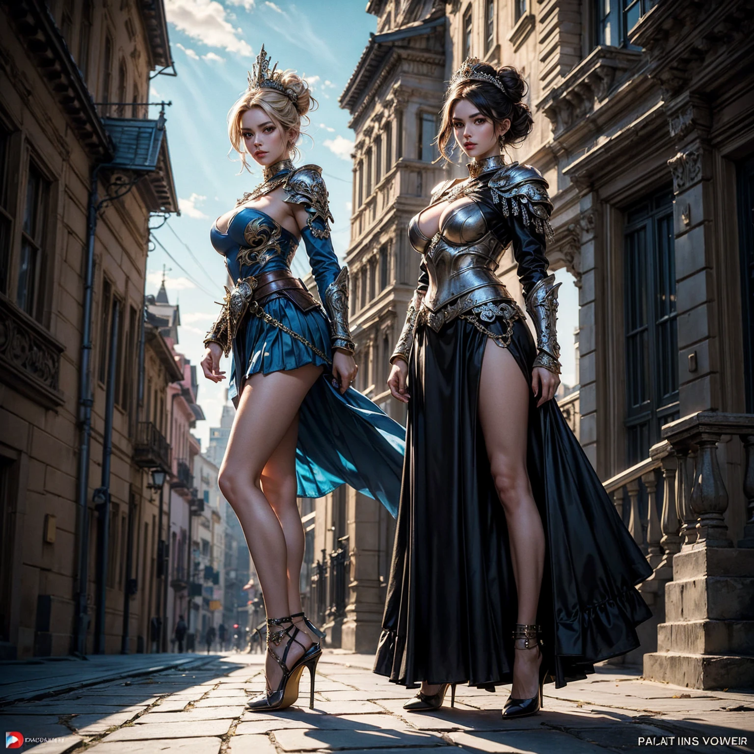 (tall girl with long legs), (standing pose), (body facing to the viewer),(tutututu), (high heels:1.3),full huge breasts,huge round breasts, 1 girl, (black updo:1.2), (steel armor:1.1) royalty ornate (embroidery:0.5), skinny (Gorget Plackart pauldron :1.3), (mini skirt with blue colors), (masterpiece:1.2) (illustration:1.1) (best quality:1.2) (extremely detailed) (intricate) (8k) (HDR) (cinematic lighting) (bright lighting) (sharp focus),outdoor at a bright sky.