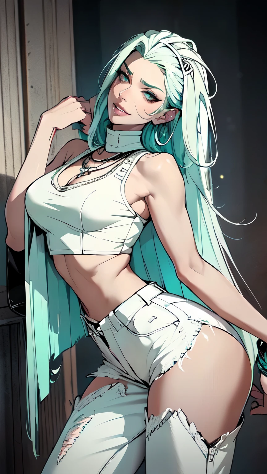 Goddess,((goddess-like woman)), ((extremely cute and beautiful woman with mint green hair)), (short breasts: 1.4), big butt(((, mint green hair, slicked back hair, very long hair, straight hair, thick hair, thick hair, long hair, dyed inner hair))), (mint green_eyes))),divine appearance, beautiful detailed eyes, symmetrical eyes,((bold))(((pale skin, shiny skin : 1, 3, light skin : 1.3, shiny skin, very shiny skin, shiny body, shiny plastic skin, exaggerated shiny skin, light skin, ))), spider belly, narrow waist, wide hips, athletic body, nicely defined thighs, long legs, sexy legs, more detailed Body, perfect body anatomy, correct body anatomy, female body anatomy, (detailed face. ), sweet, seductive, ((White headband, earrings, necklace, many different bracelets, black lingerie, White elegant sleeveless lace V-neck cami top, hip-high denim pants, high-heeled ankle boots )),( ((cleavage))),(( complicated outfit, complicated clothes) ), (dynamic pose:1.0), divine, flirtatious, smiling, (centered, scalable, rule of thirds), ( Masterpiece), (best quality), perfectly rendered face, perfect face details, realistic face, photorealistic, analog style, ((intricate details)),(((realism))), Background: Dance hall, large windows, bright room, wearing black lingerie, white elegant sleeveless cami top with V-neck made of lace, hip-high jeans, ankle boots with high heels, sweet irresistible smile, narrow silhouette, completely visible, complete body view