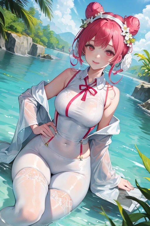 tmasterpiece、Need、1female、Blue cheongsam、 White cloth bun bun bun、Shoulder leakage、The chest is large、chubbiness、ssmile、White suspender tights、lace leggings、pale pink lip、hot springs，Pose in the water，（drenched all over the body），legs are open， solo, White polo shirt, looking at viewert,  A high resolution,(Thigh thick:1.0),,ultra - detailed，tmasterpiece，Best quality at best，Yazawa Nico,red eyes, face flushed,Blunt hair,both hands on hip，greet，Flower headdress，Side