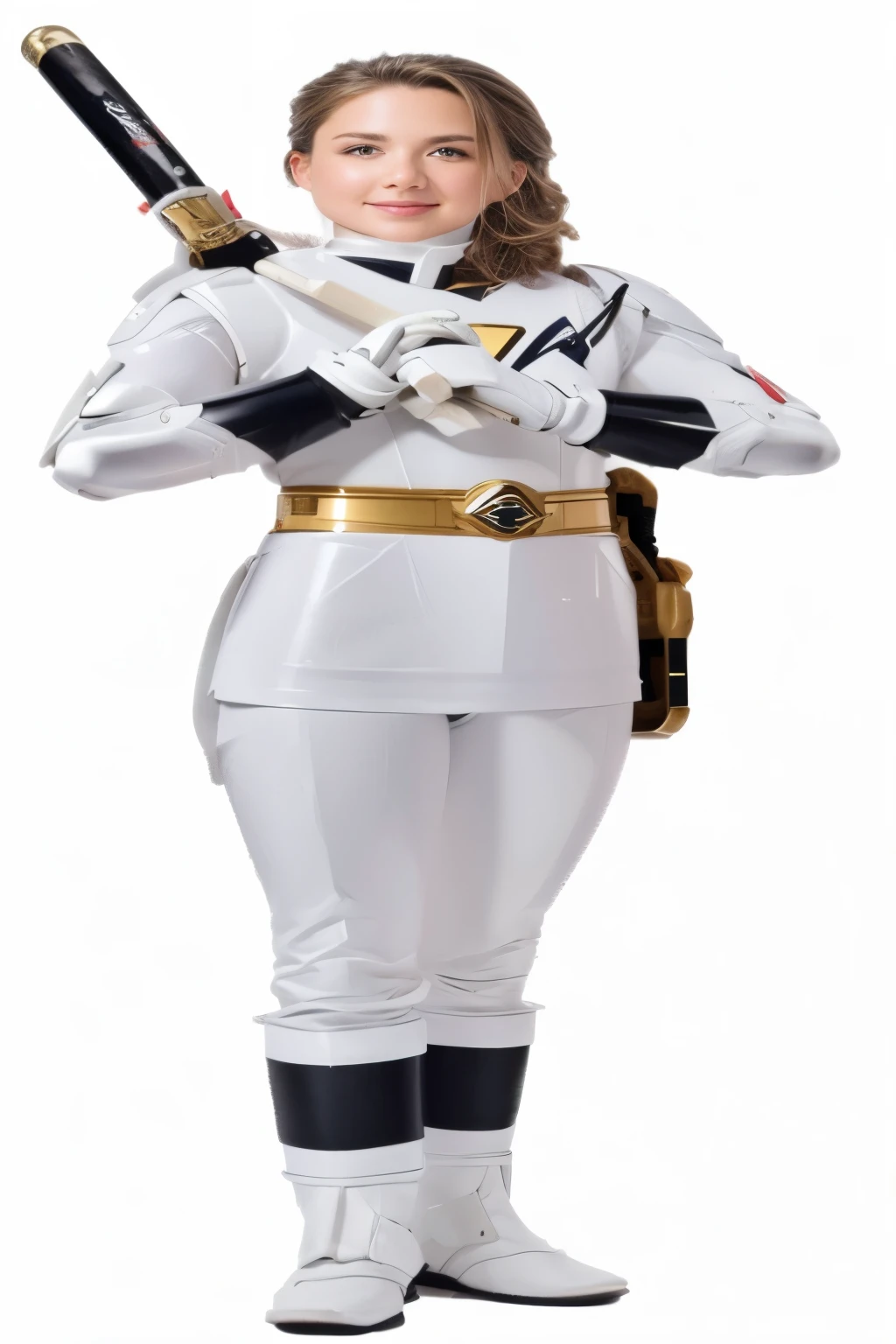 a woman in a White Uniform holding a baseball bat, White Uniform, Shiny white armor, Polished bright white armor, smooth white armor, Special Effects, Modern and clean white armor, Matte White Color Armor, White Metallic Armor, new, High Quality Rendering, Fella White Mecha, Jojo, Hall々A pose, Smooth streamlined white armor, Full body close-up shot