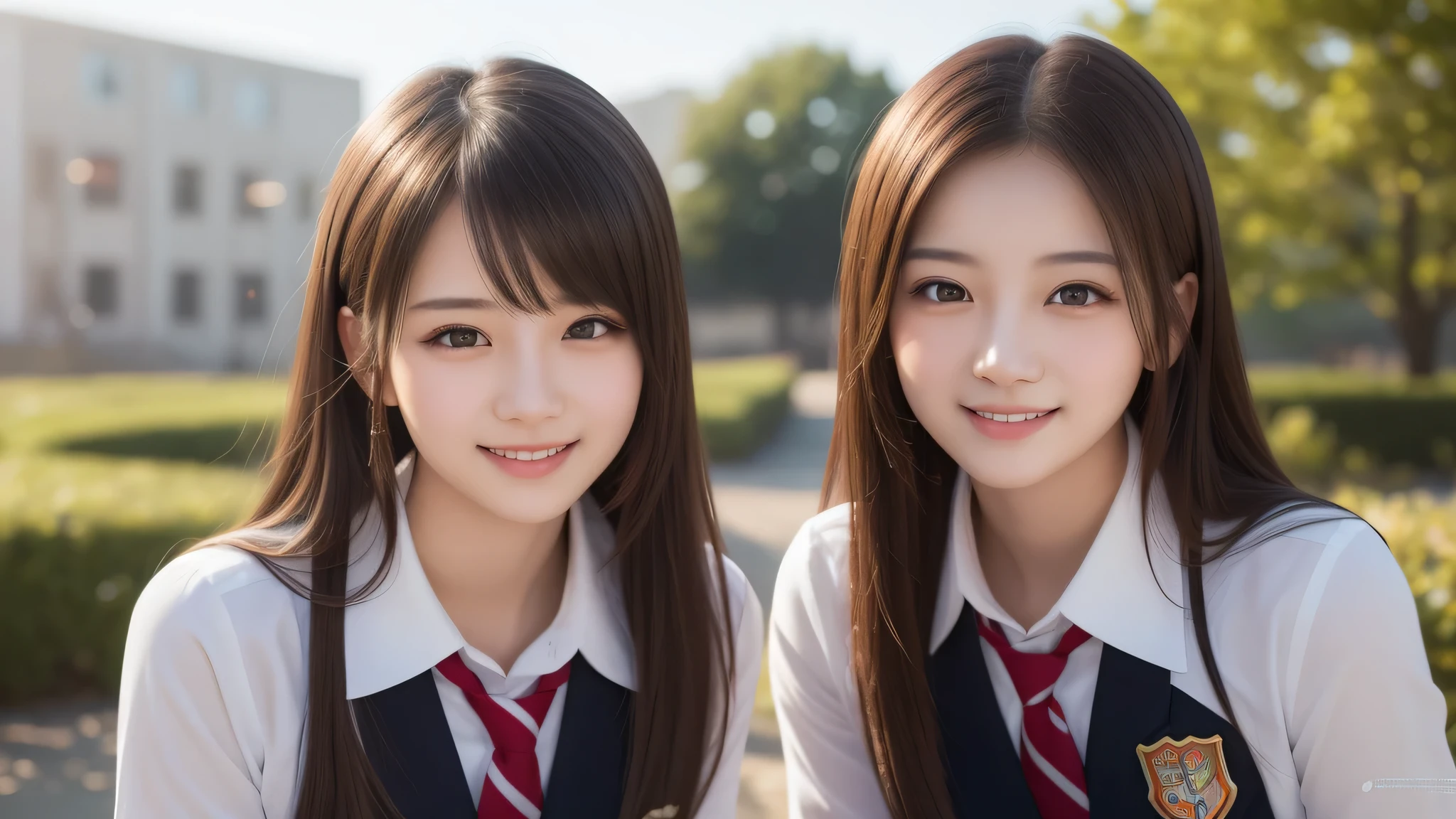 (2girl:1.2), enchanting smile, (Best Quality:1.4), Realistic, extremely detailed CG unified 8k wallpaper, highly detailed, High-definition raw color photos, professional photography, Realistic portrait, Cinematic Light, Beautiful detailed, Beautiful breasts, (Fine face:1.2), Close up portrait of girl, (high school uniform:1.2), Outdoors,