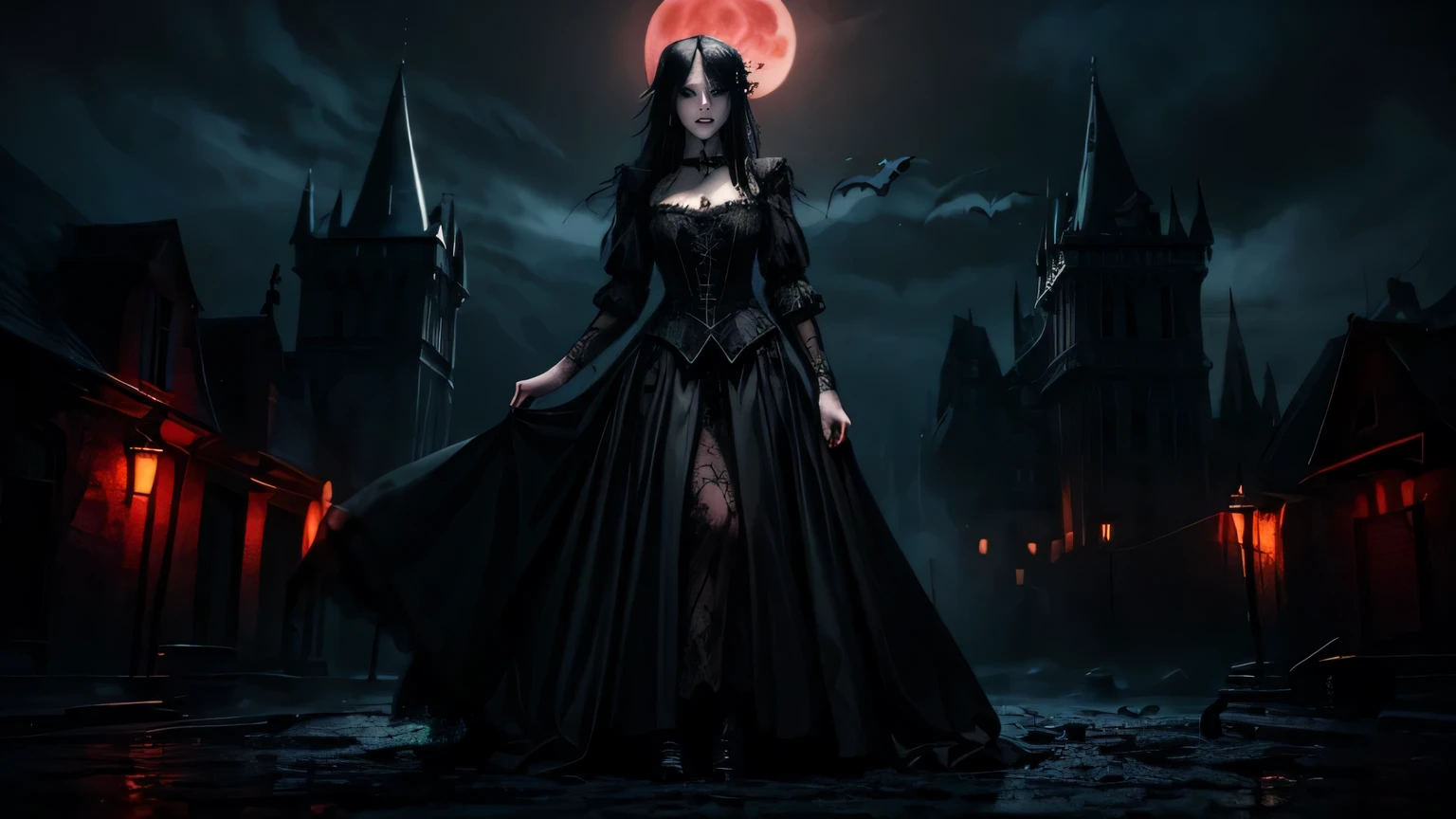 dark fantasy, Gothic style, Vampire Queen, with a Gothic style dress, With a bloodthirsty smile,Blood all over his face, Body, and blood moon in background. The scene is set in a Gothic castle,There are a lot of bats inside, Emphasize fair skin and bright eyes,whole body,Black long skirt,Lace