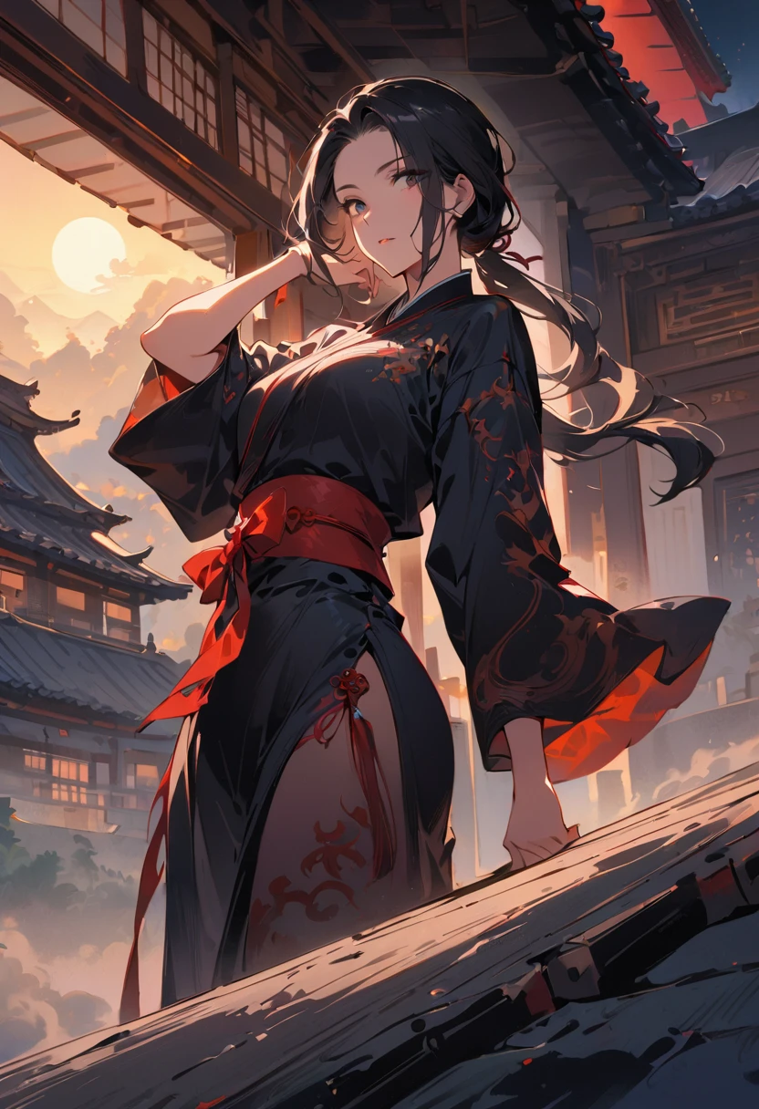 (((best quality))),(((Ultra Detailed))),(((masterpiece))),illustration,1 person,1 female,swordsman,Female Warrior,Chinese traditional clothing,permanent,Ink style,Martial Arts,posture,roof,moonlight,night,background,old Chinese building,Misty Mountains,contour,peaceful
