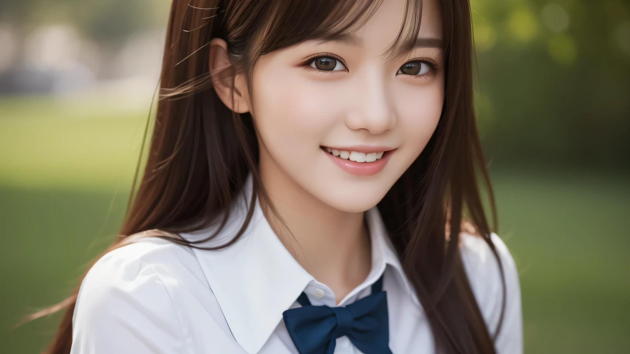 (2girl:1.2), enchanting smile, (Best Quality:1.4), Realistic, extremely detailed CG unified 8k wallpaper, highly detailed, High-definition raw color photos, professional photography, Realistic portrait, Cinematic Light, Beautiful detailed, Beautiful breasts, (Fine face:1.2), Close up portrait of girl, (high school uniform:1.2), Outdoors, 