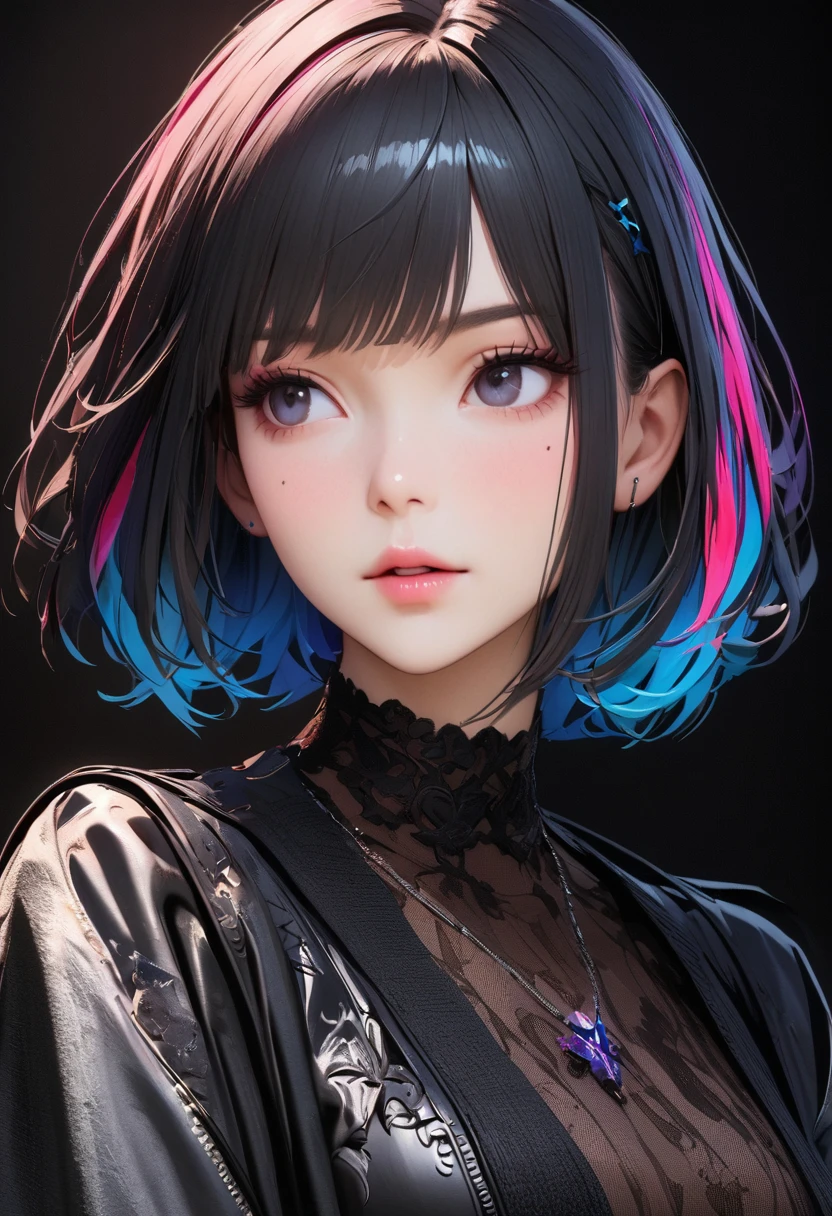 masterpiece, best quality,3D rendering work ,3DMM style,close up,portrait, 3D,1 Girl, Solitary, Colorful hair, Blue Hair, Black Hair, necklace, freckle, jewelry, Two-tone hair, look to the side, Practical, Upper Body, Simple background, Bangs, Look away, short hair, parted Lips, black eyes, Lips, Gothic, necklace, cosmetic, mole, black shirt, shirt, Watermark