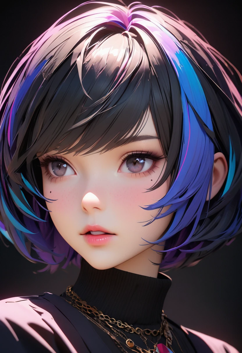 masterpiece, best quality,3D rendering work ,3DMM style,close up,portrait, 3D,1 Girl, Solitary, Colorful hair, Blue Hair, Black Hair, necklace, freckle, jewelry, Two-tone hair, look to the side, Practical, Upper Body, Simple background, Bangs, Look away, short hair, parted Lips, black eyes, Lips, Gothic, necklace, cosmetic, mole, black shirt, shirt, Watermark